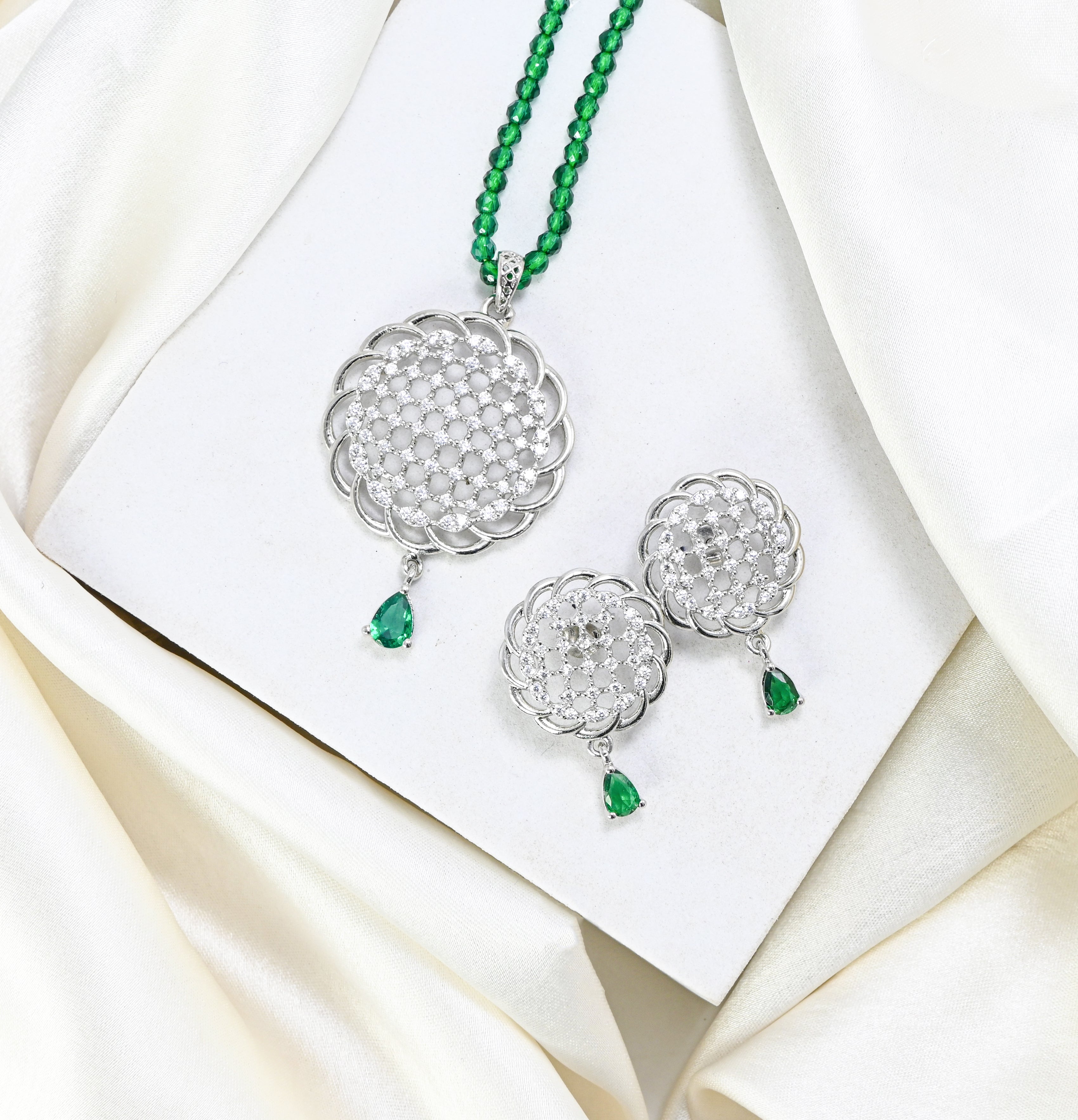 Elegant Green CZ Pendant with Earrings, 925 Silver Anniversary Gift Set