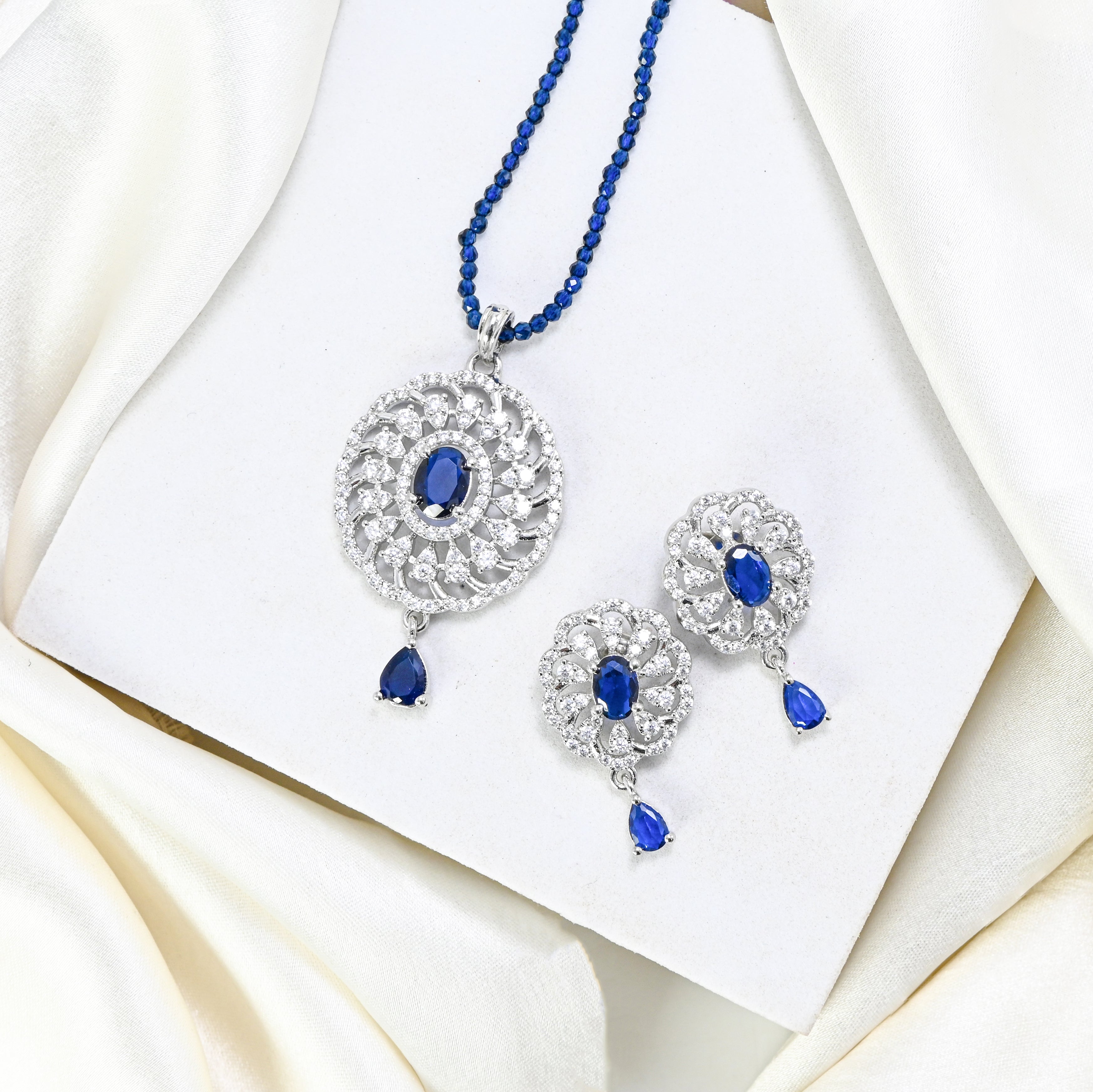 Elegant Blue CZ Necklace & Earring Set in 925 Sterling Silver – Rhodium Plated