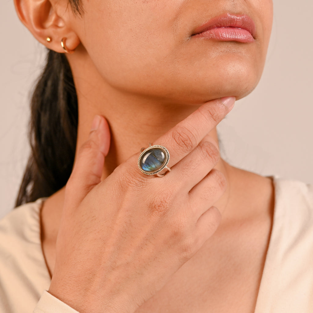 925 Sterling Silver Labradorite Ring, Oval Brilliant Cut Labradorite Gemstone Ring