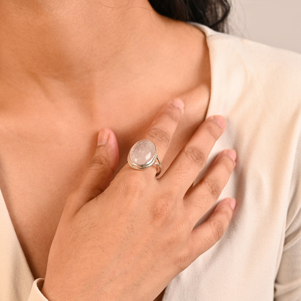 925 Sterling Silver Rose Quartz Ring, Oval Brilliant Cut Gemstone Ring