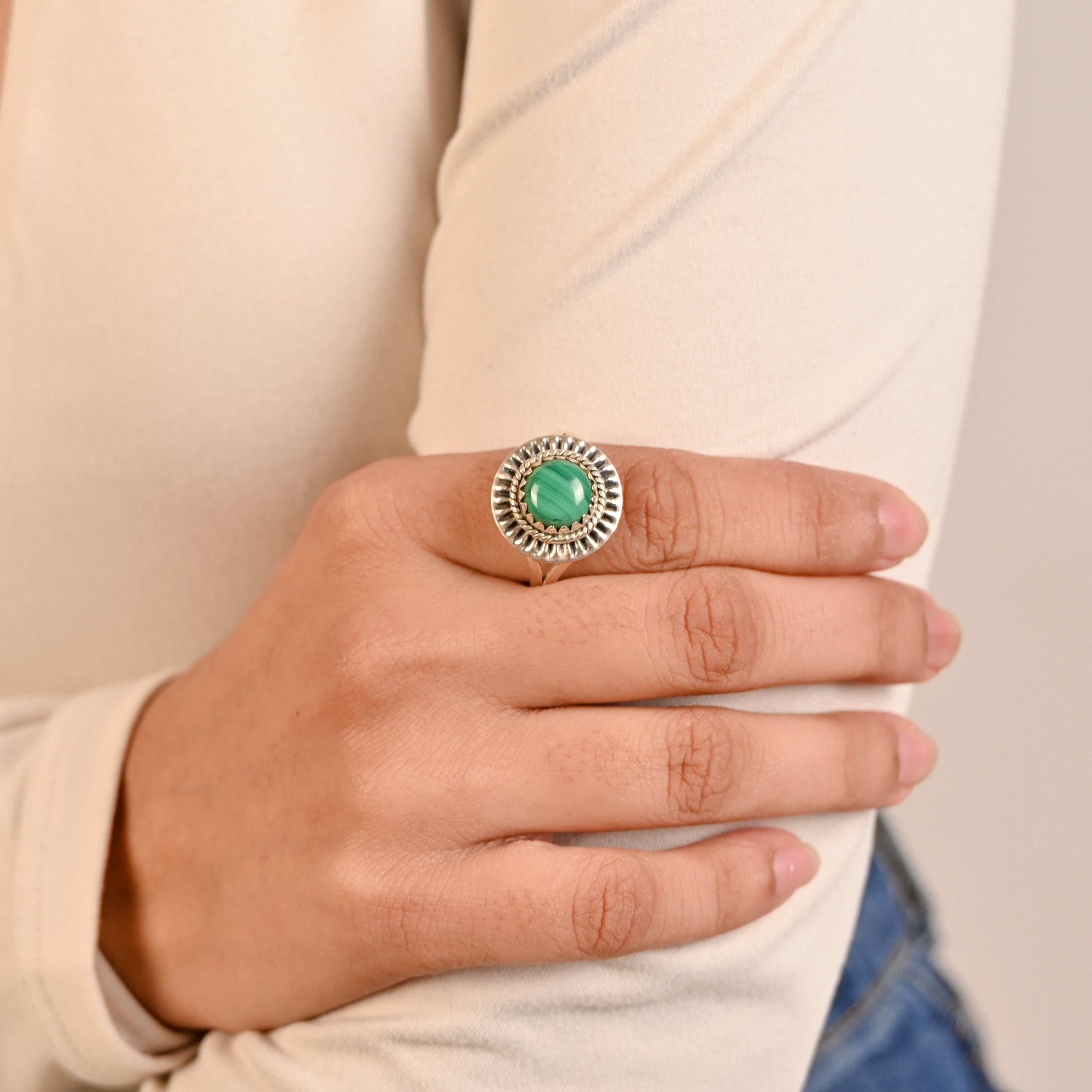 925 Sterling Silver Green Malachite Ring, Round Brilliant Cut