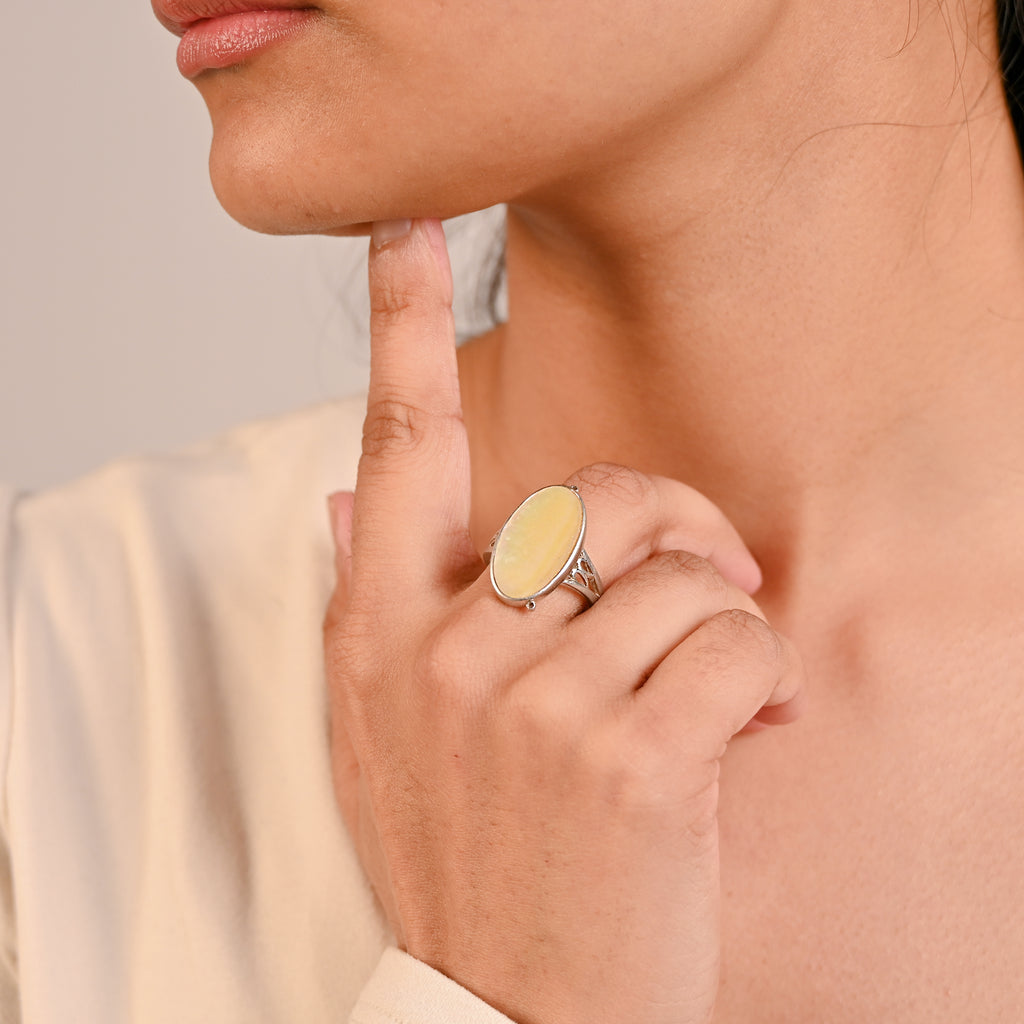 925 Sterling Silver White Baltic Amber Ring, Oval Brilliant Cut