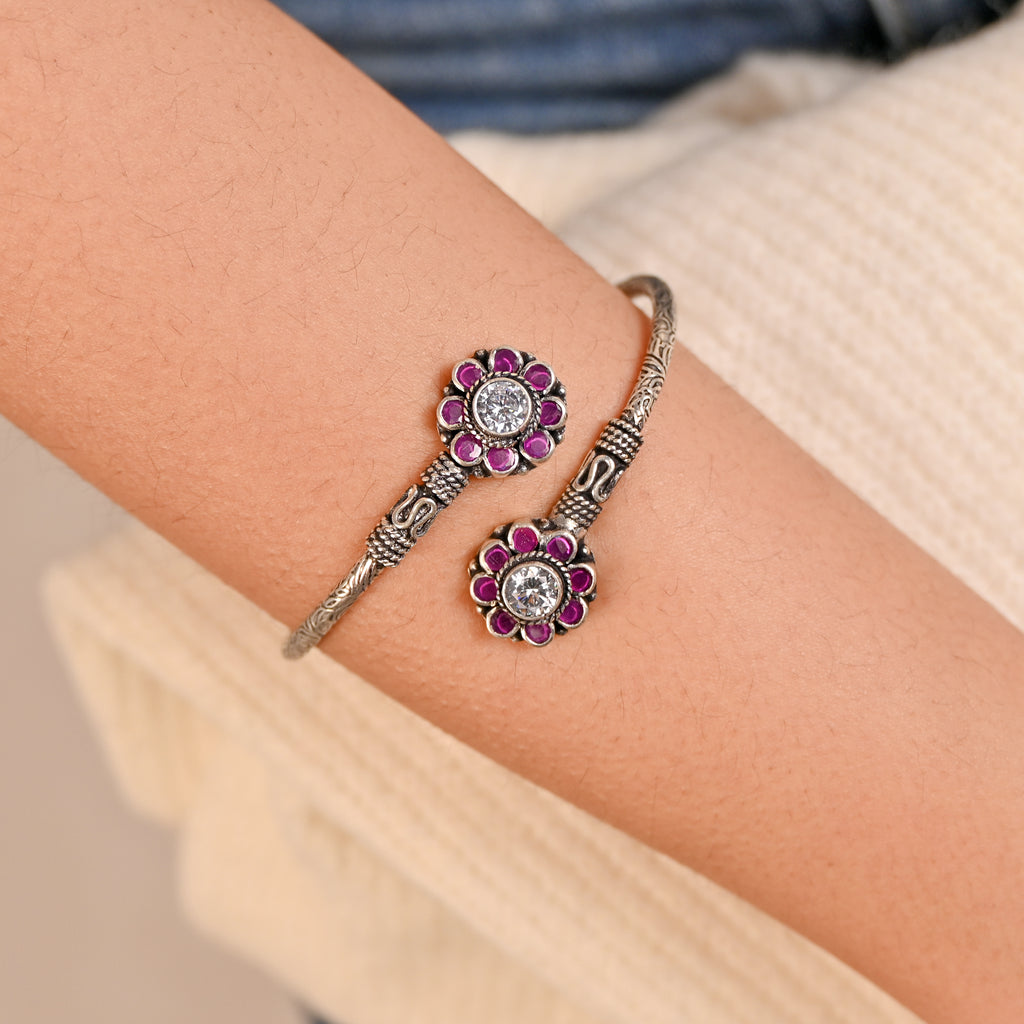 925 Sterling Silver Cubic Zirconia & Red Garnet Bracelet Round Bracelet