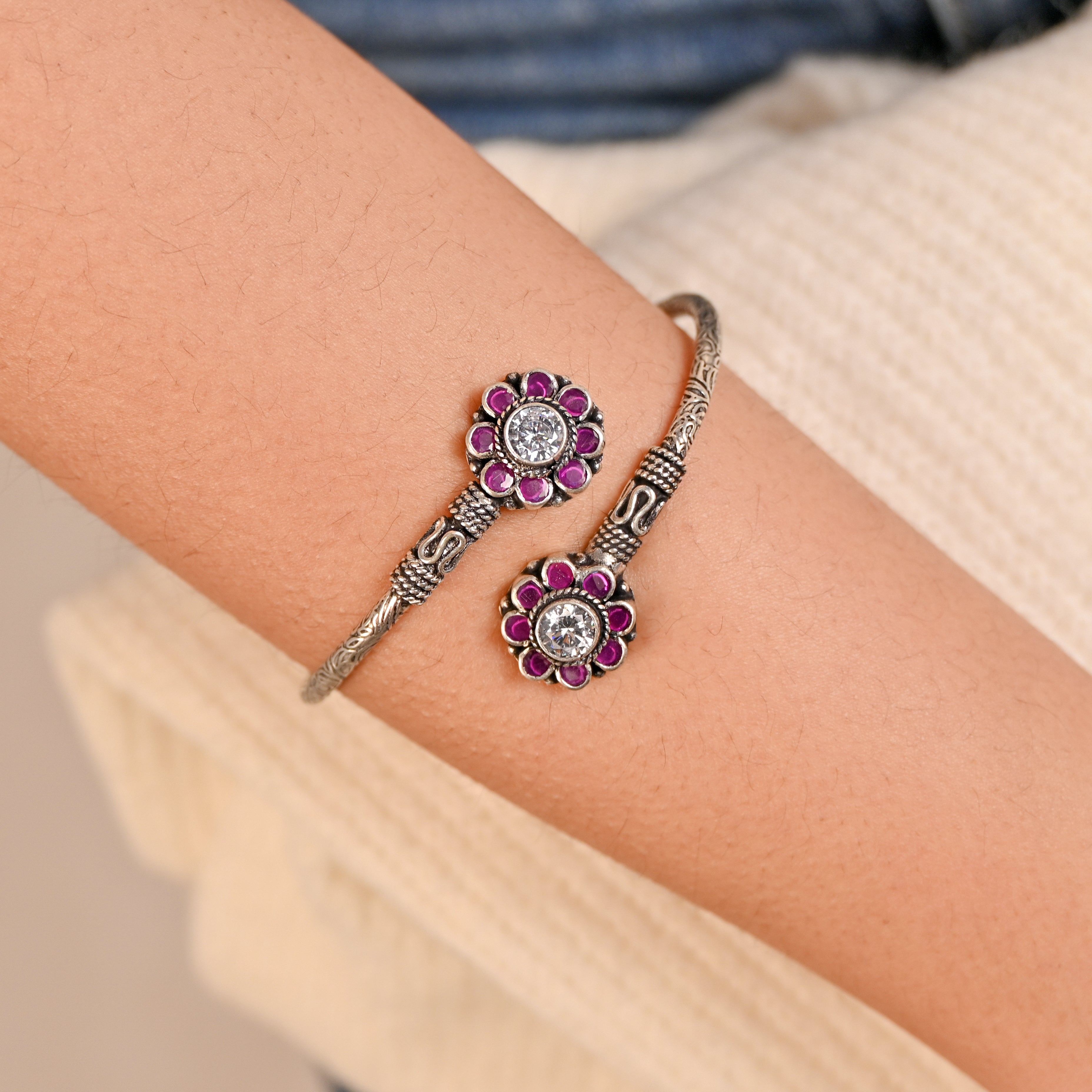 925 Sterling Silver Cubic Zirconia & Red Garnet Bracelet Round Bracelet