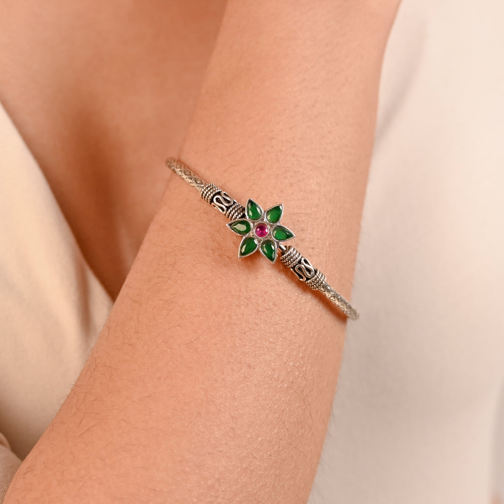 Traditional Turkish Oxidised 925 Silver Bracelet with Round Brilliant CZ & Red Garnet