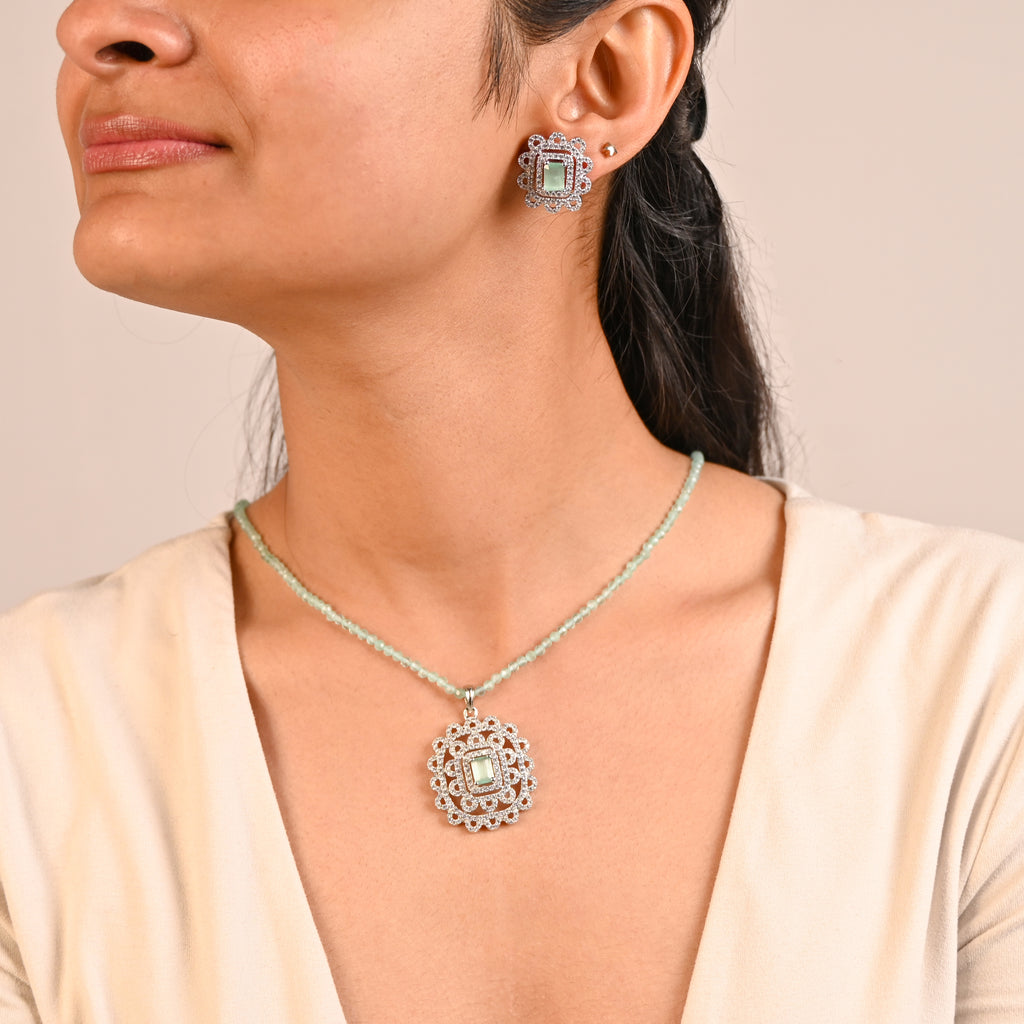 925 Sterling Silver Round Brilliant Cubic Zirconia Beaded Pendant & Earring Set