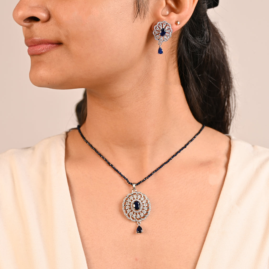 Elegant Blue CZ Necklace & Earring Set in 925 Sterling Silver – Rhodium Plated