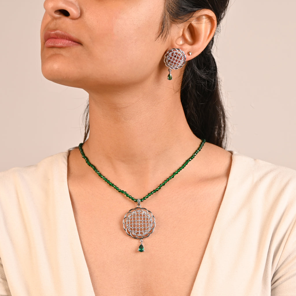 Elegant Green CZ Pendant with Earrings, 925 Silver Anniversary Gift Set