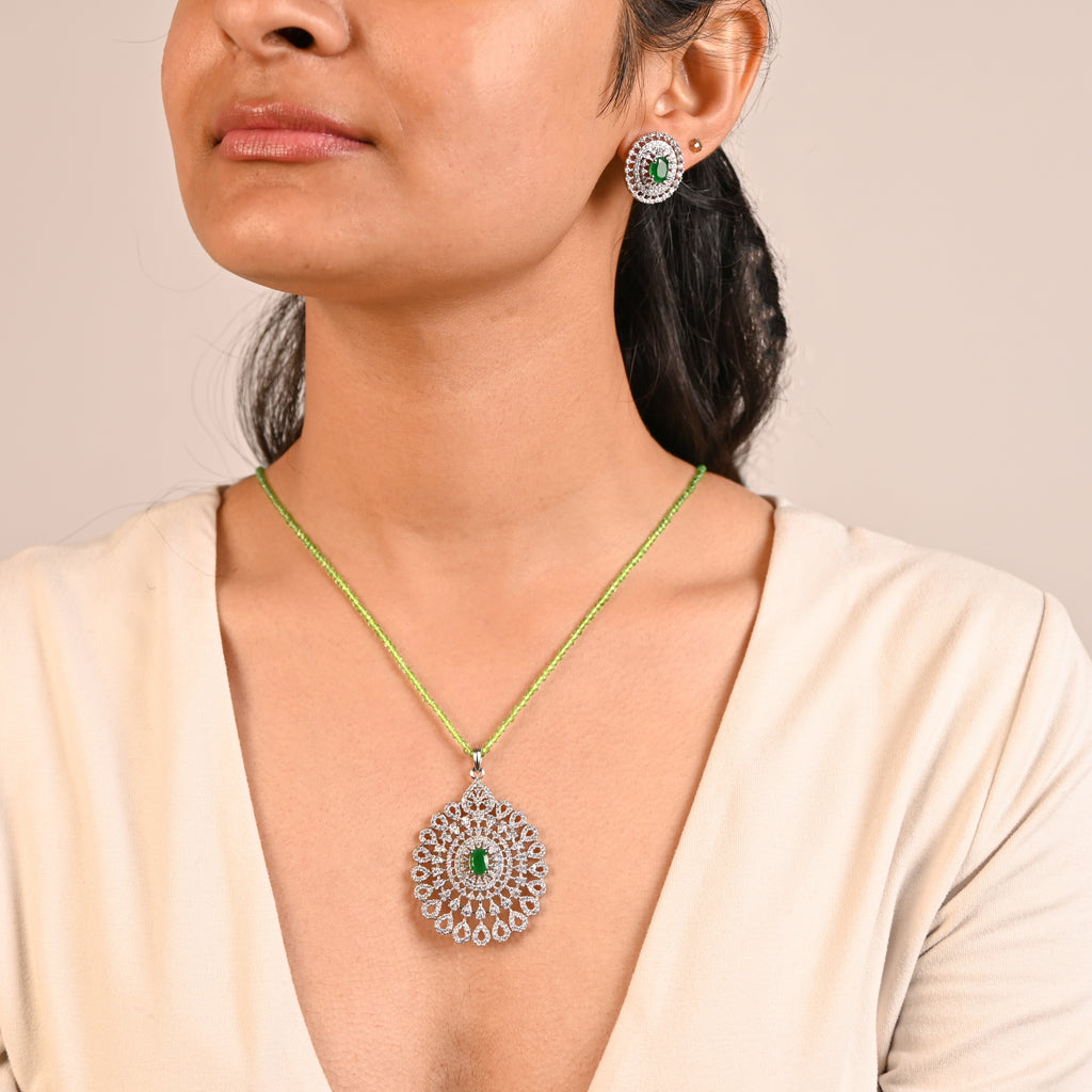 Minimalist Green CZ Pendant & Earring Set, 925 Sterling Silver Daily Wear Jewelry