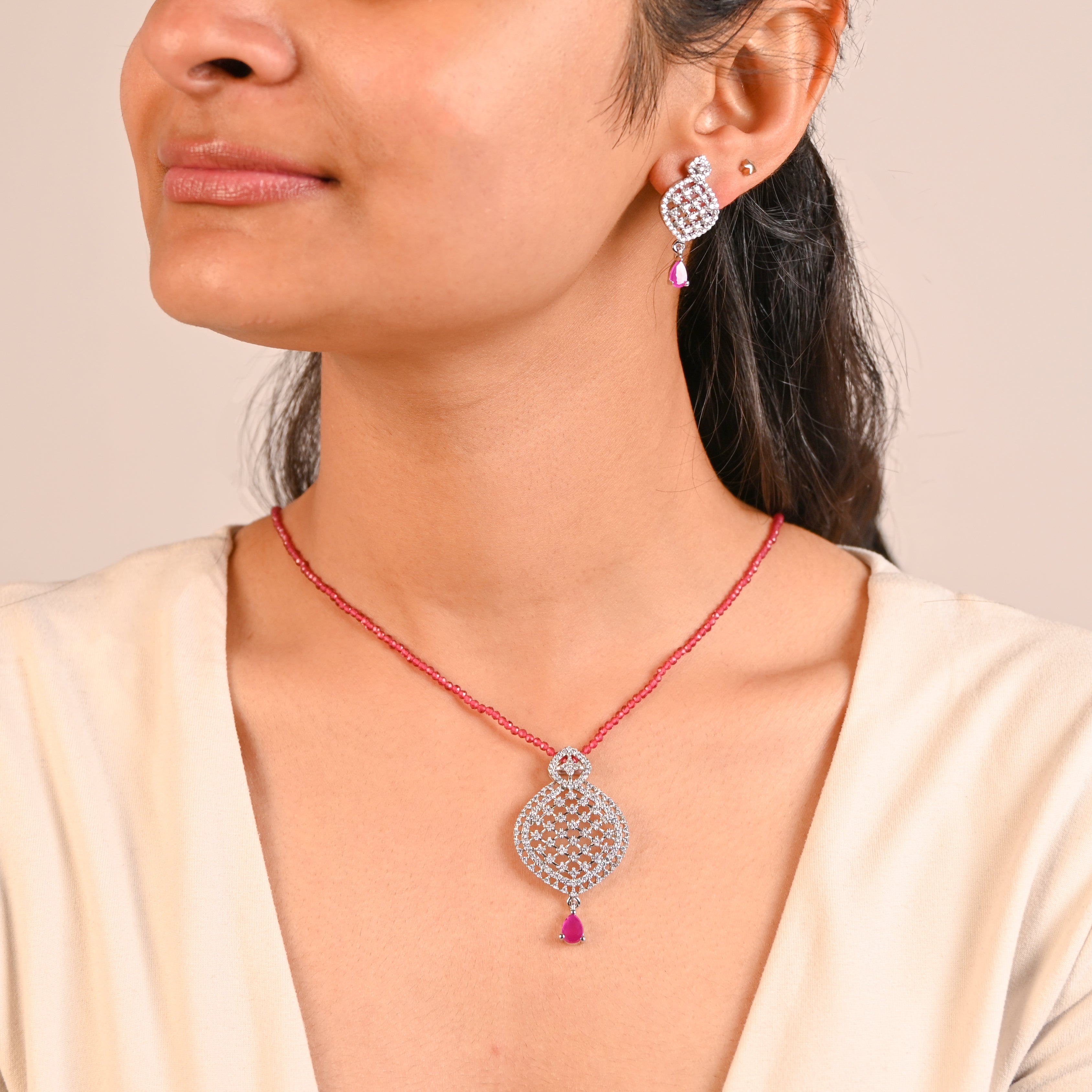 Sparkling Pink Cubic Zirconia Jewelry Set, Silver Necklace & Earrings Combo