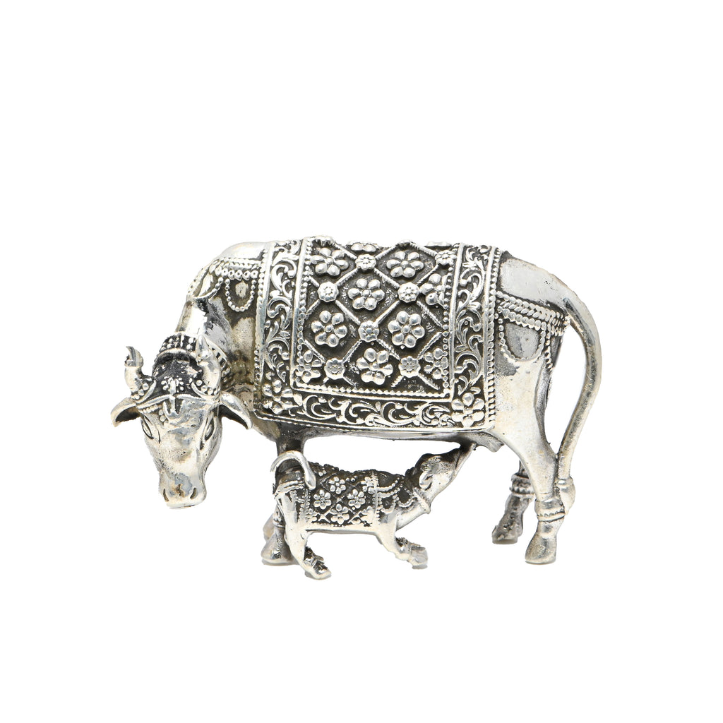 Silver Kamdhenu Cow with Calf Statue | Puja Temple Decor |Statue Cow