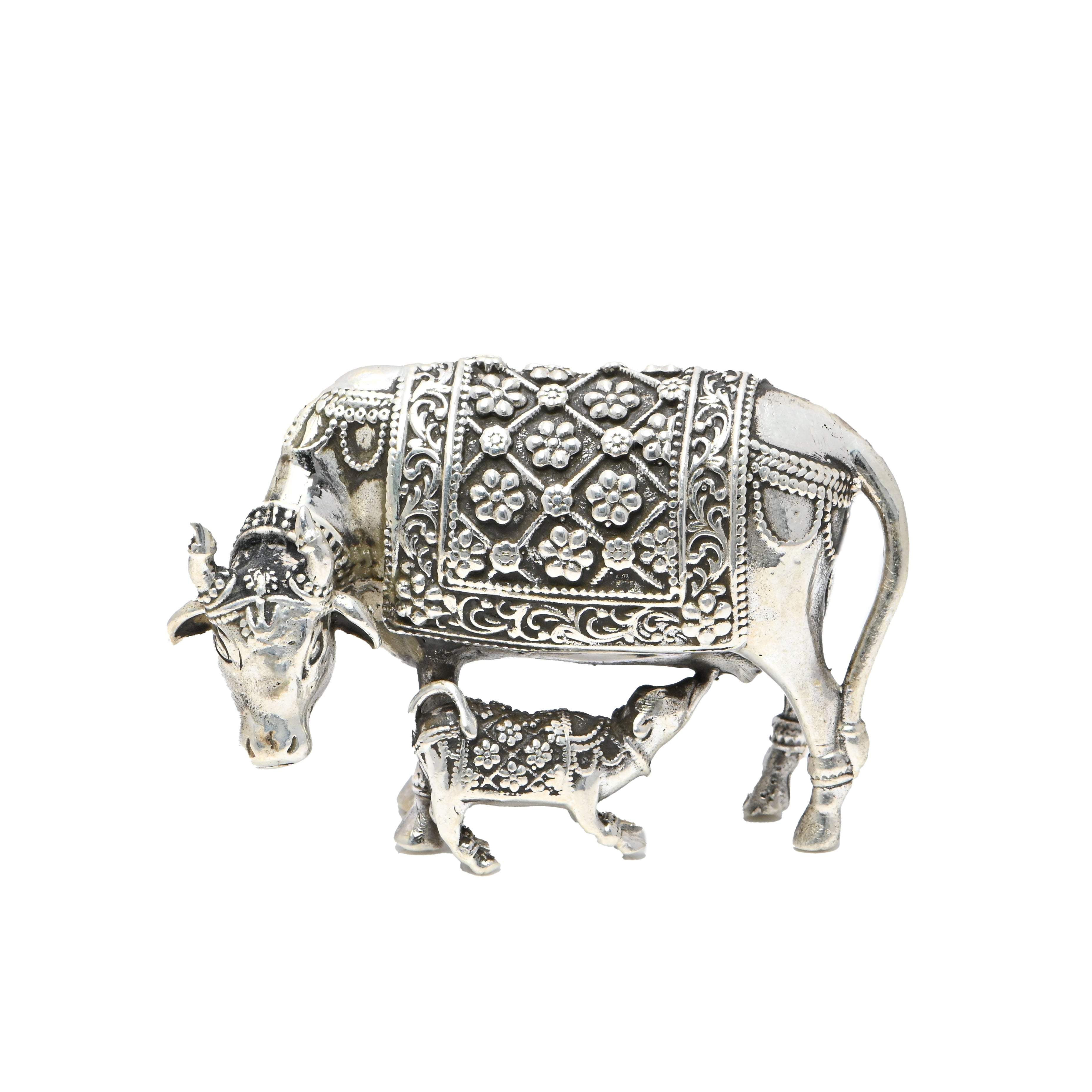 Silver Kamdhenu Cow with Calf Statue | Puja Temple Decor |Statue Cow