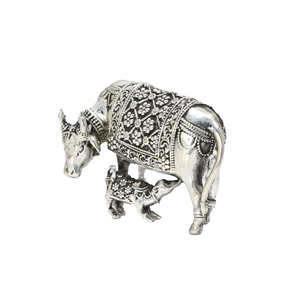 Silver Kamdhenu Cow with Calf Statue | Puja Temple Decor |Statue Cow