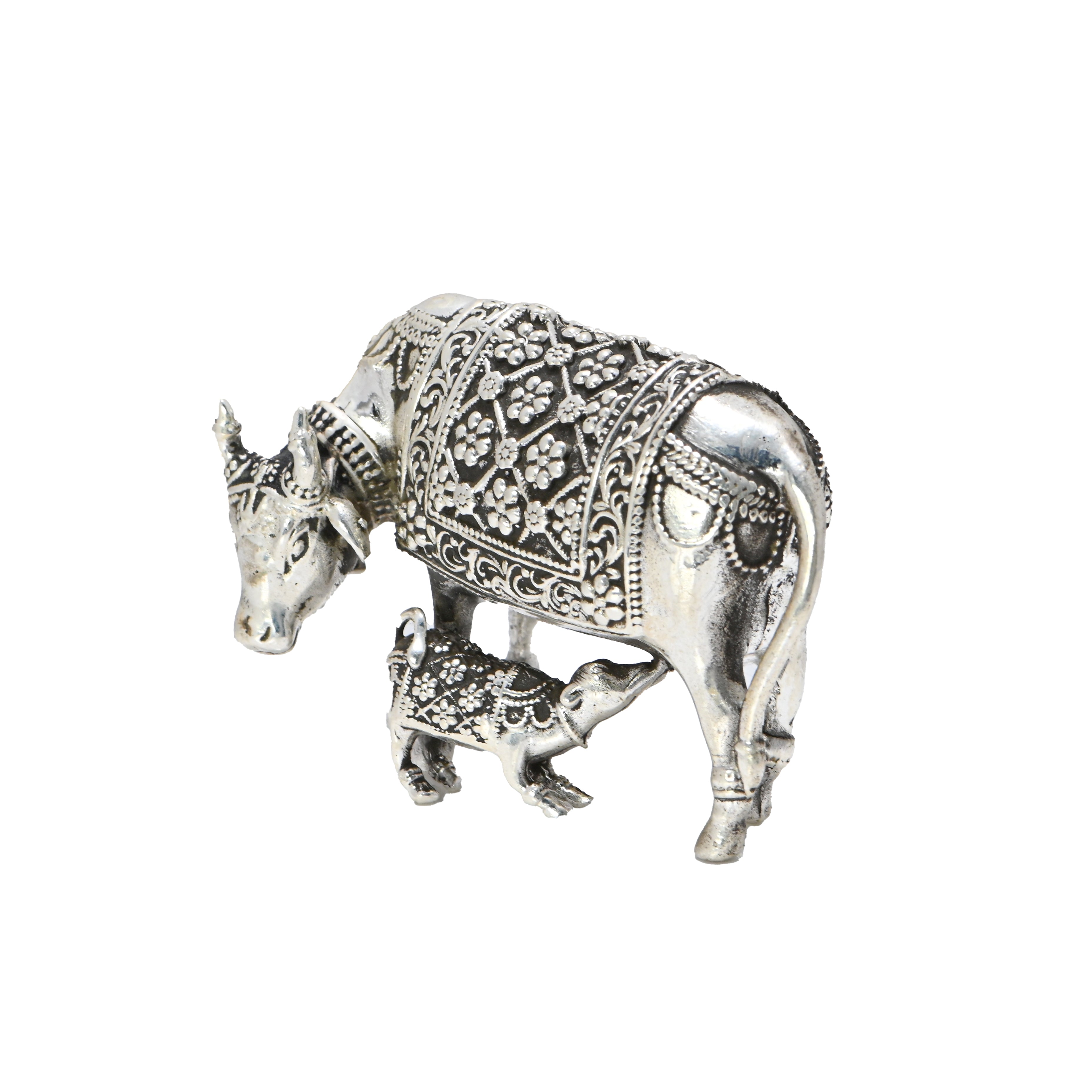 Silver Kamdhenu Cow with Calf Statue | Puja Temple Decor |Statue Cow