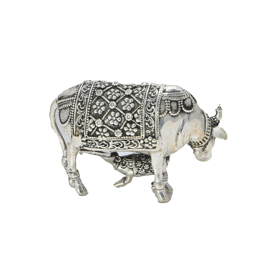 Silver Kamdhenu Cow with Calf Statue | Puja Temple Decor |Statue Cow