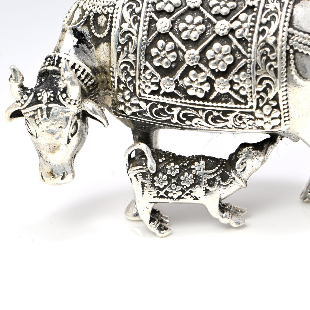 Silver Kamdhenu Cow with Calf Statue | Puja Temple Decor |Statue Cow