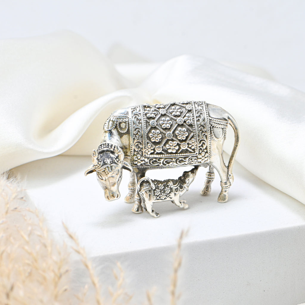 Silver Kamdhenu Cow with Calf Statue | Puja Temple Decor |Statue Cow