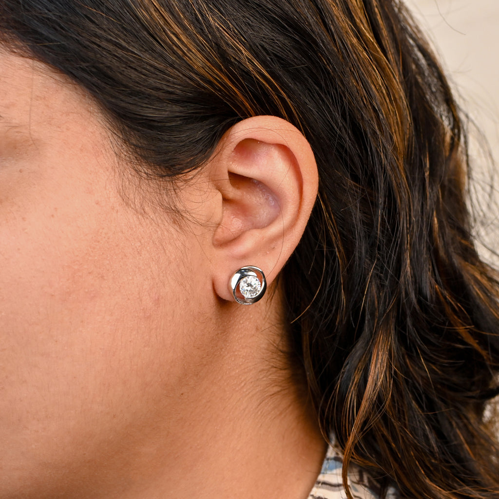 Round Moissanite Stud Earring for Women – Sterling Silver Rhodium-Plated Everyday Wear