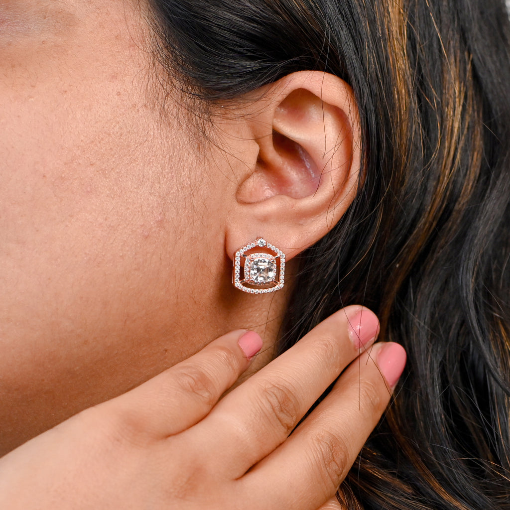 Tiny Round Moissanite Stud Earrings – Sterling Silver Rhodium Finish for Women