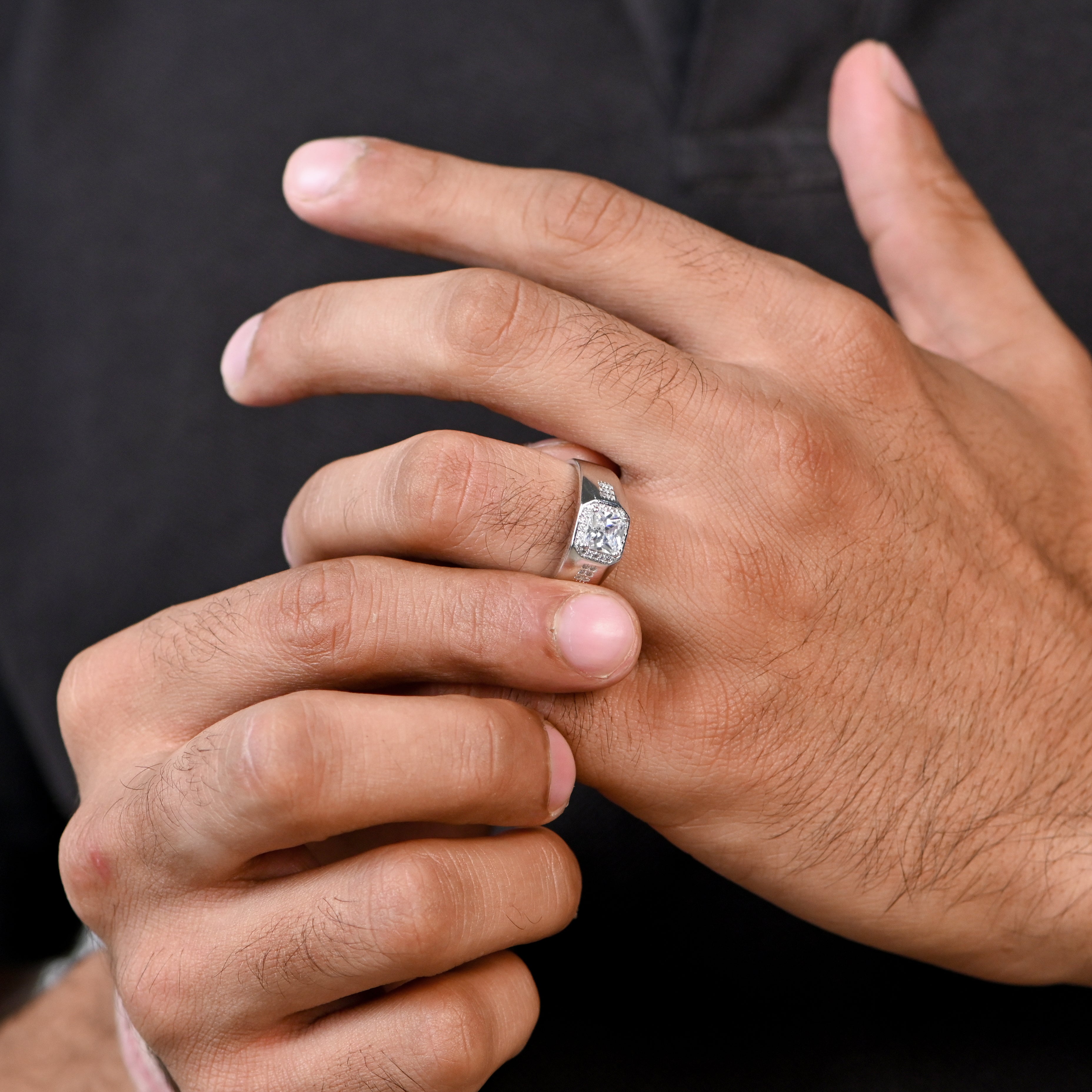 Modern Men’s Silver Ring with CZ Stone | Rhodium-Plated Chunky Band