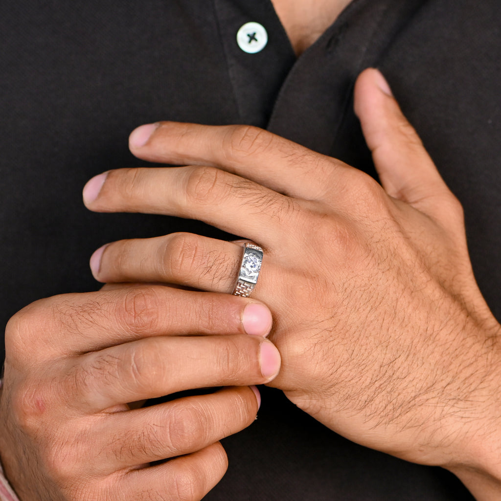 Men’s Fashion Ring with CZ Stone | Modern Chunky Rhodium-Plated Silver Band