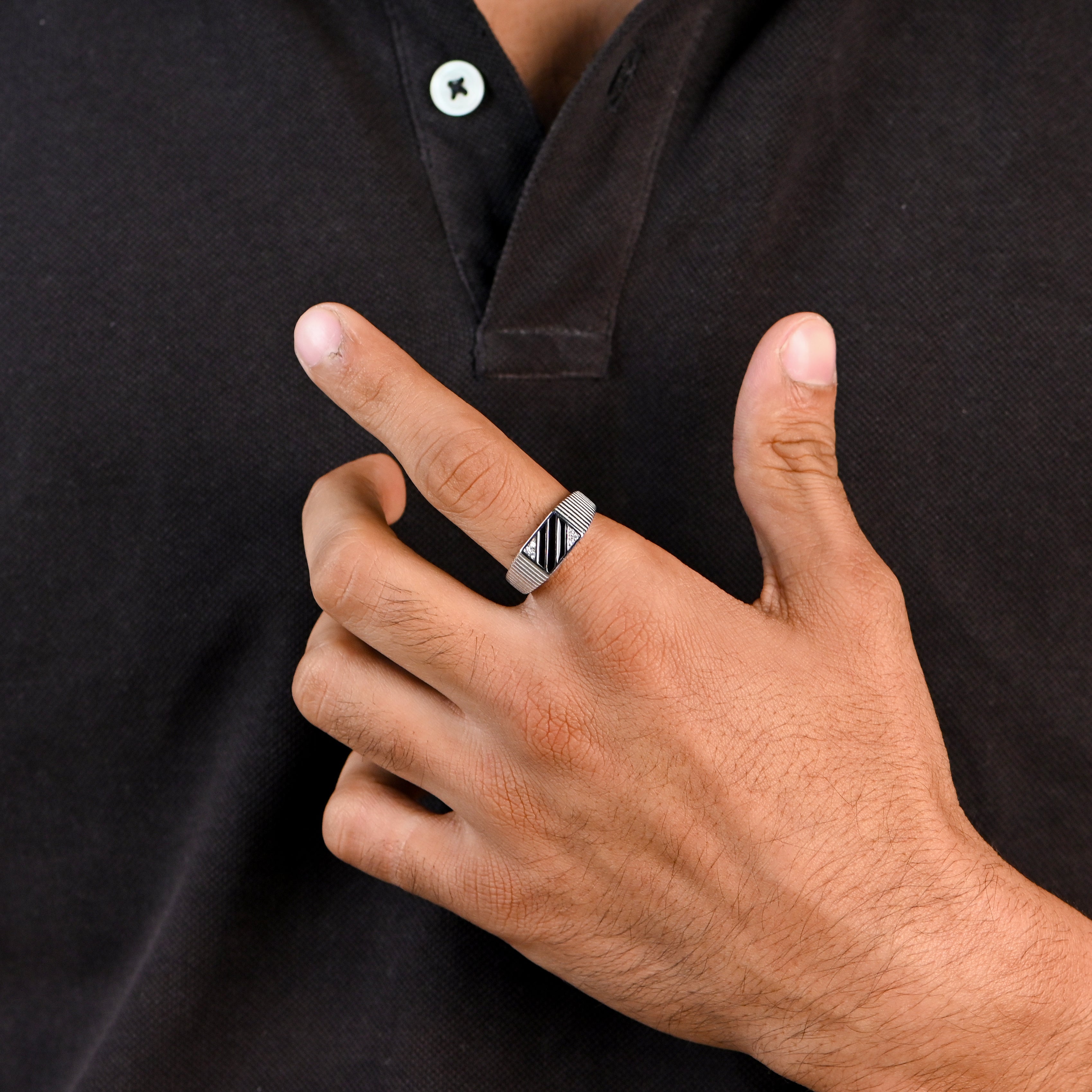 Masculine 925 Silver Rhodium-Plated Ring with CZ Stone