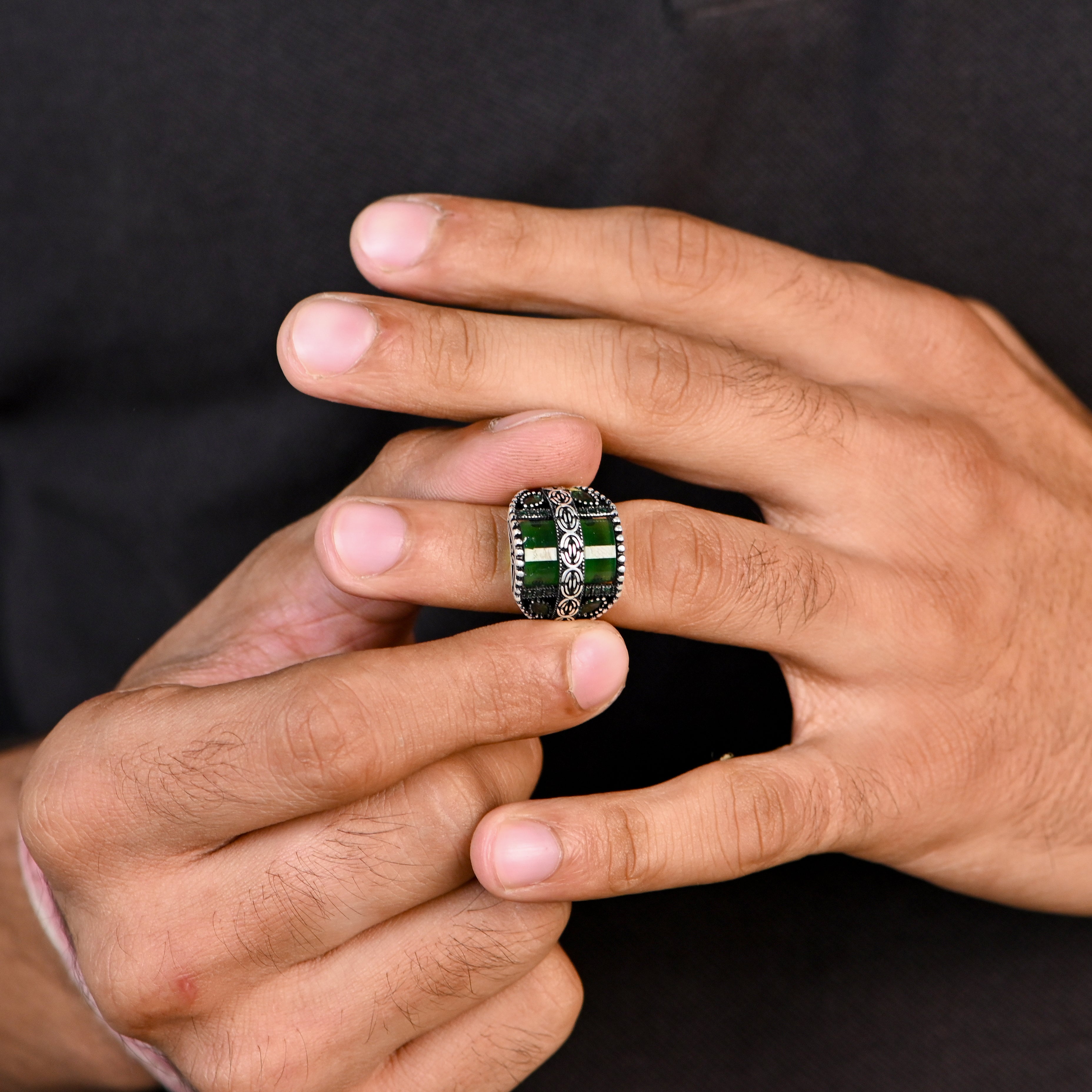 Fashionable Men’s Oxidized Silver Ring with Green Onyx Stylish, Durable, and Comfortable