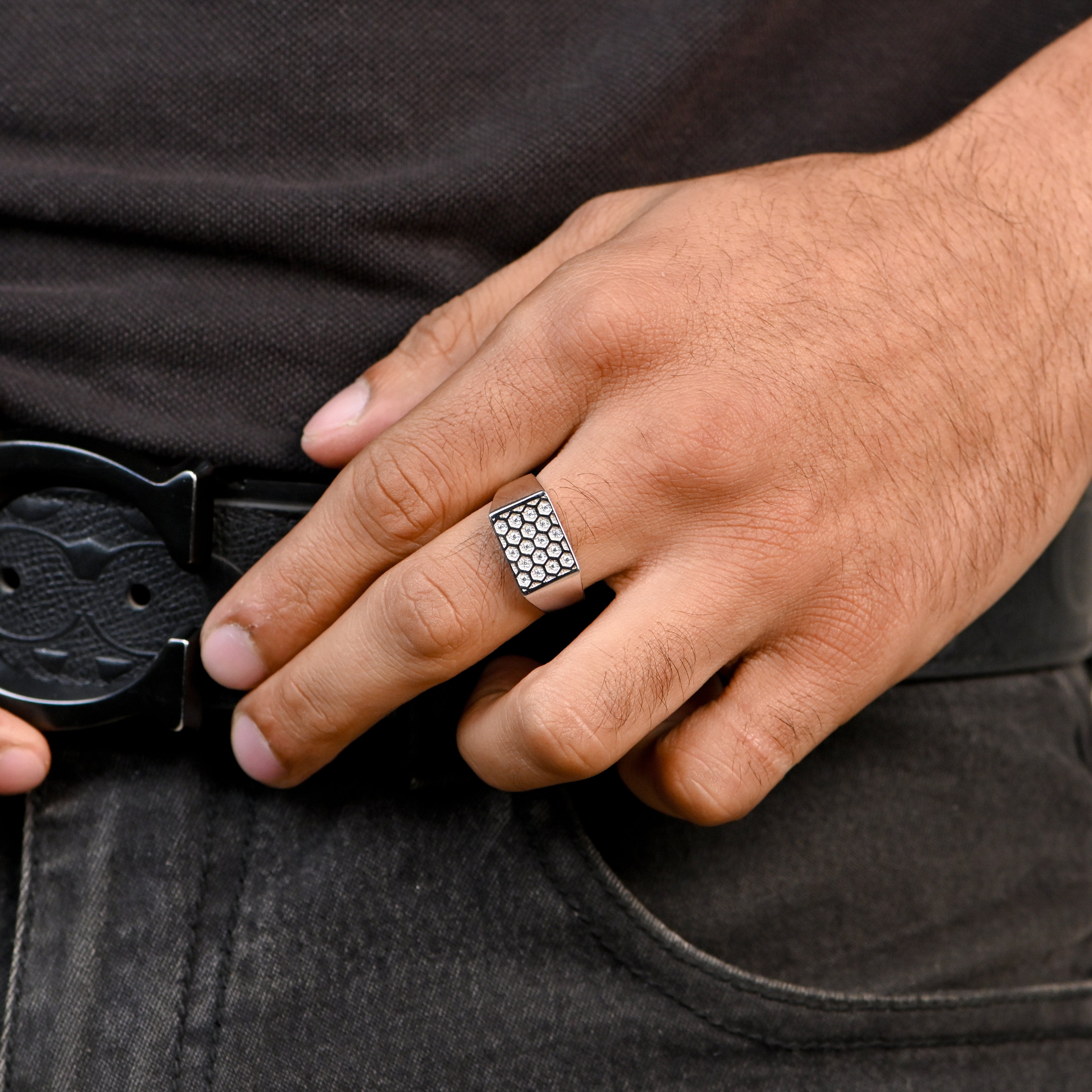 Modern Rhodium-Plated Silver Ring for Men with CZ Stone | Chunky Statement Ring