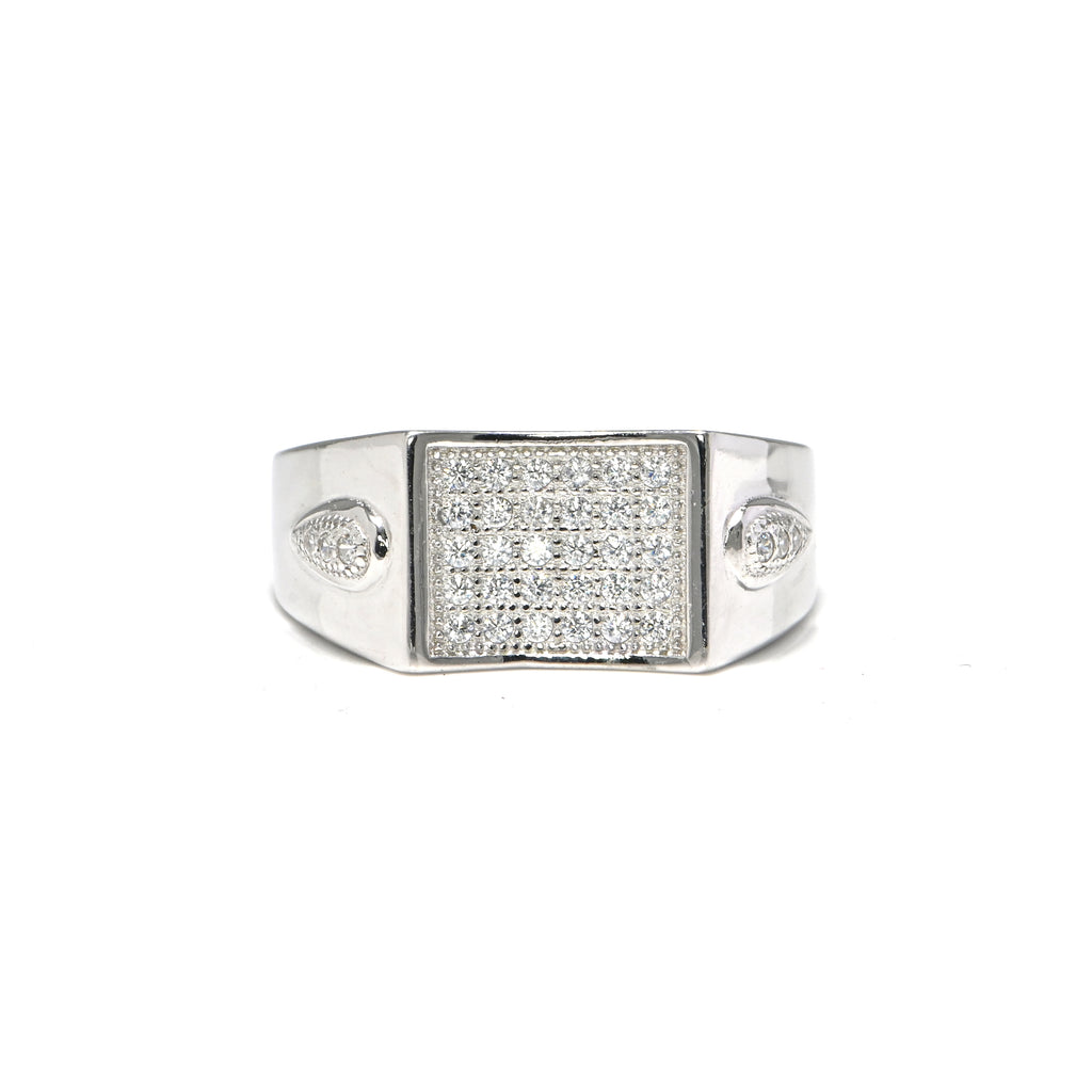 Modern Rhodium-Plated Silver Ring for Men with CZ Stone Chunky Silver Ring for Men