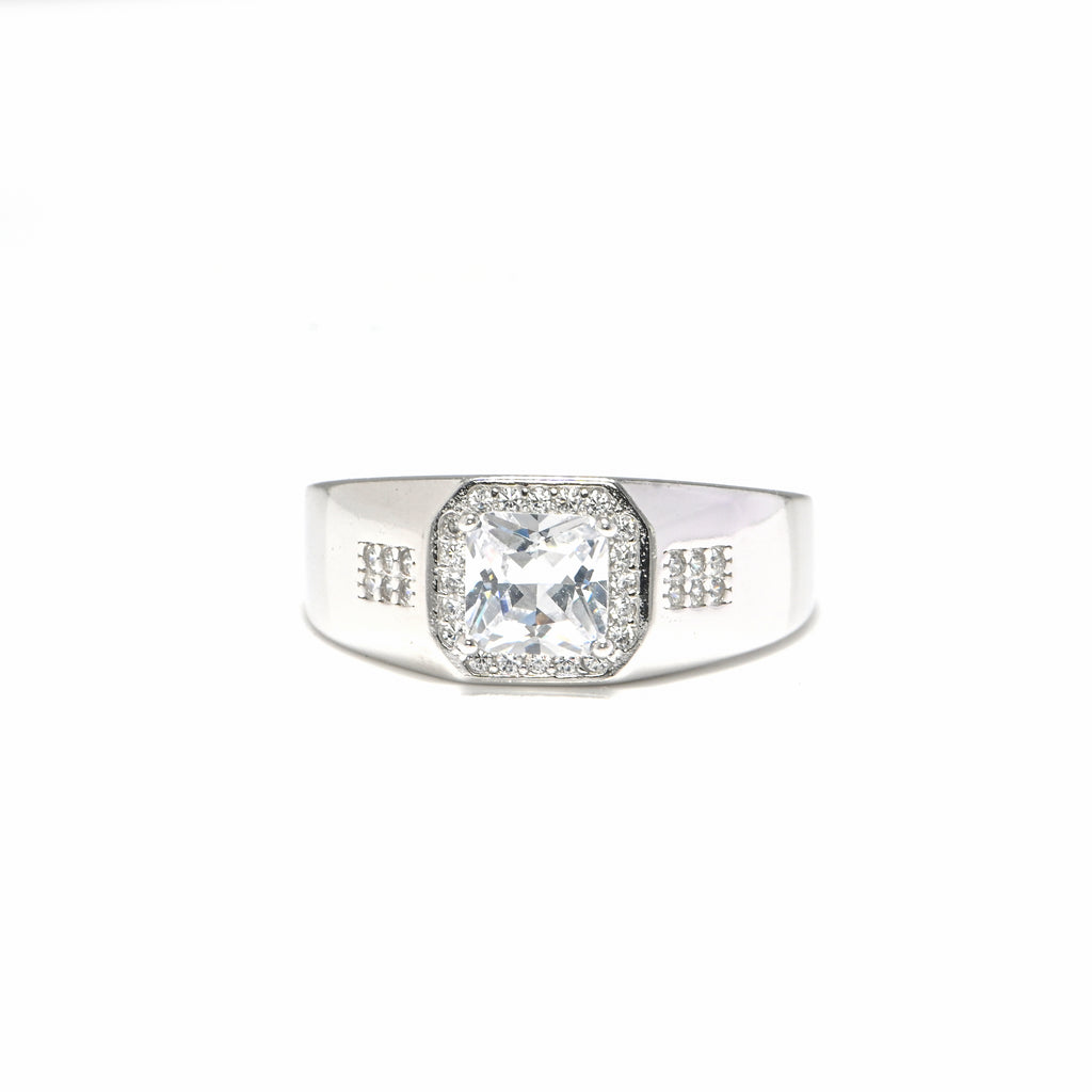 Modern Men’s Silver Ring with CZ Stone | Rhodium-Plated Chunky Band