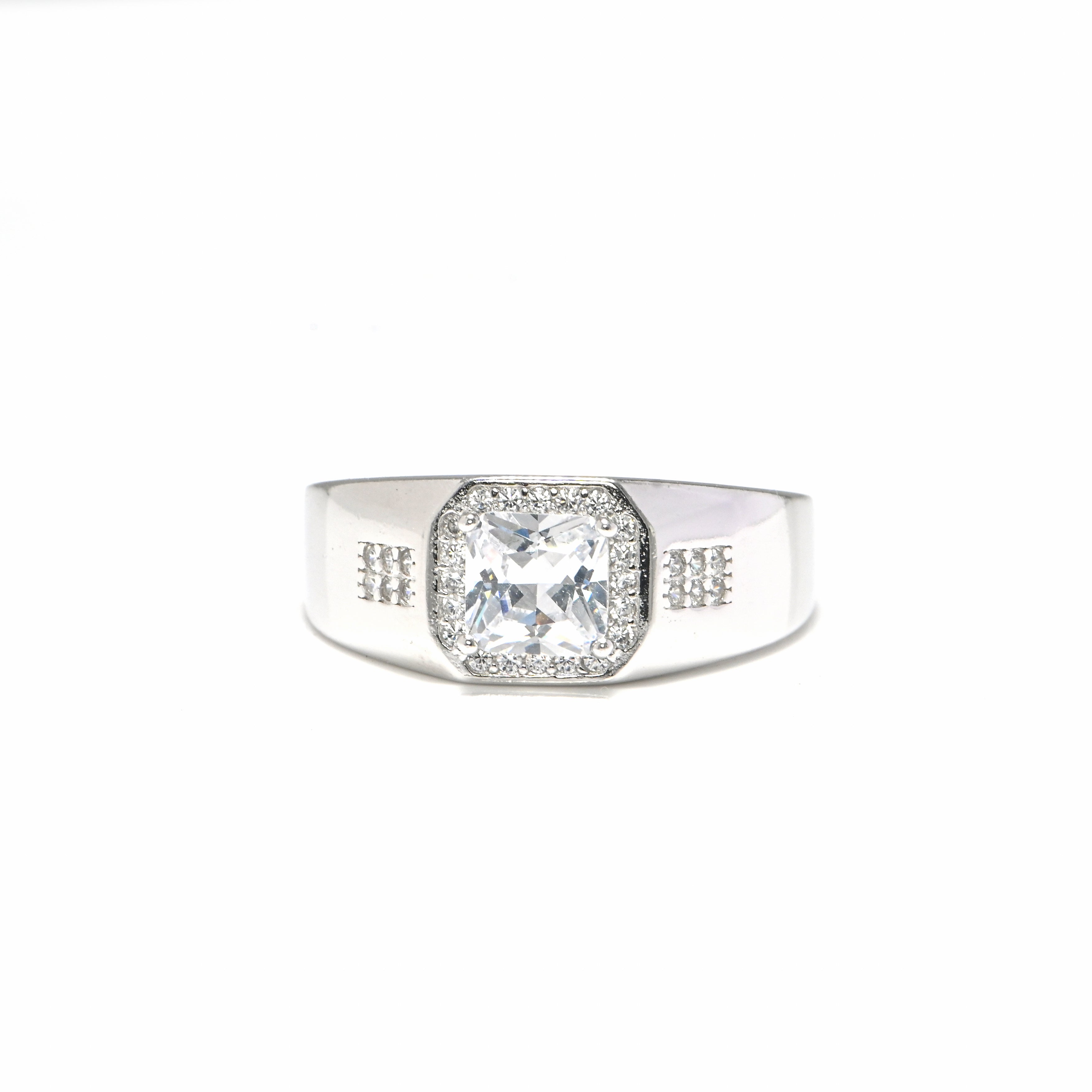 Modern Men’s Silver Ring with CZ Stone | Rhodium-Plated Chunky Band