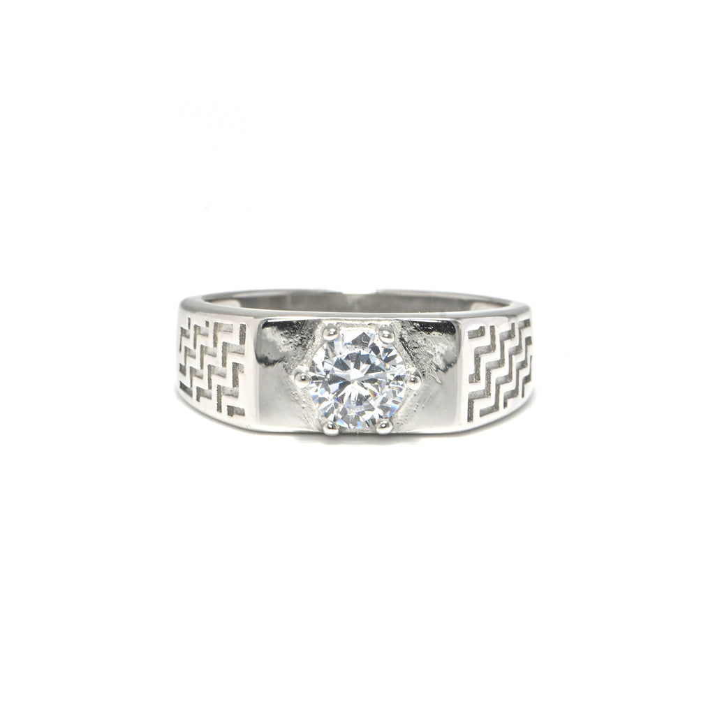 Men’s Fashion Ring with CZ Stone | Modern Chunky Rhodium-Plated Silver Band