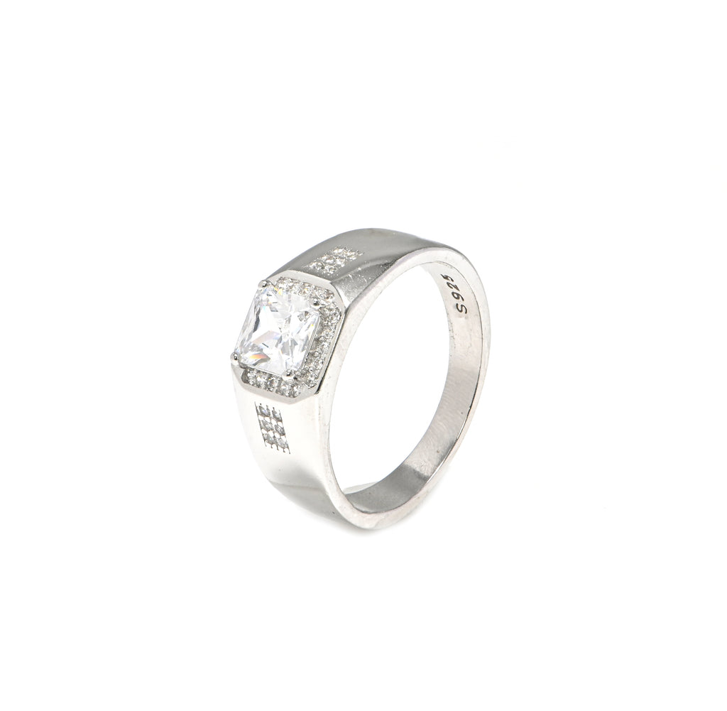 Modern Men’s Silver Ring with CZ Stone | Rhodium-Plated Chunky Band