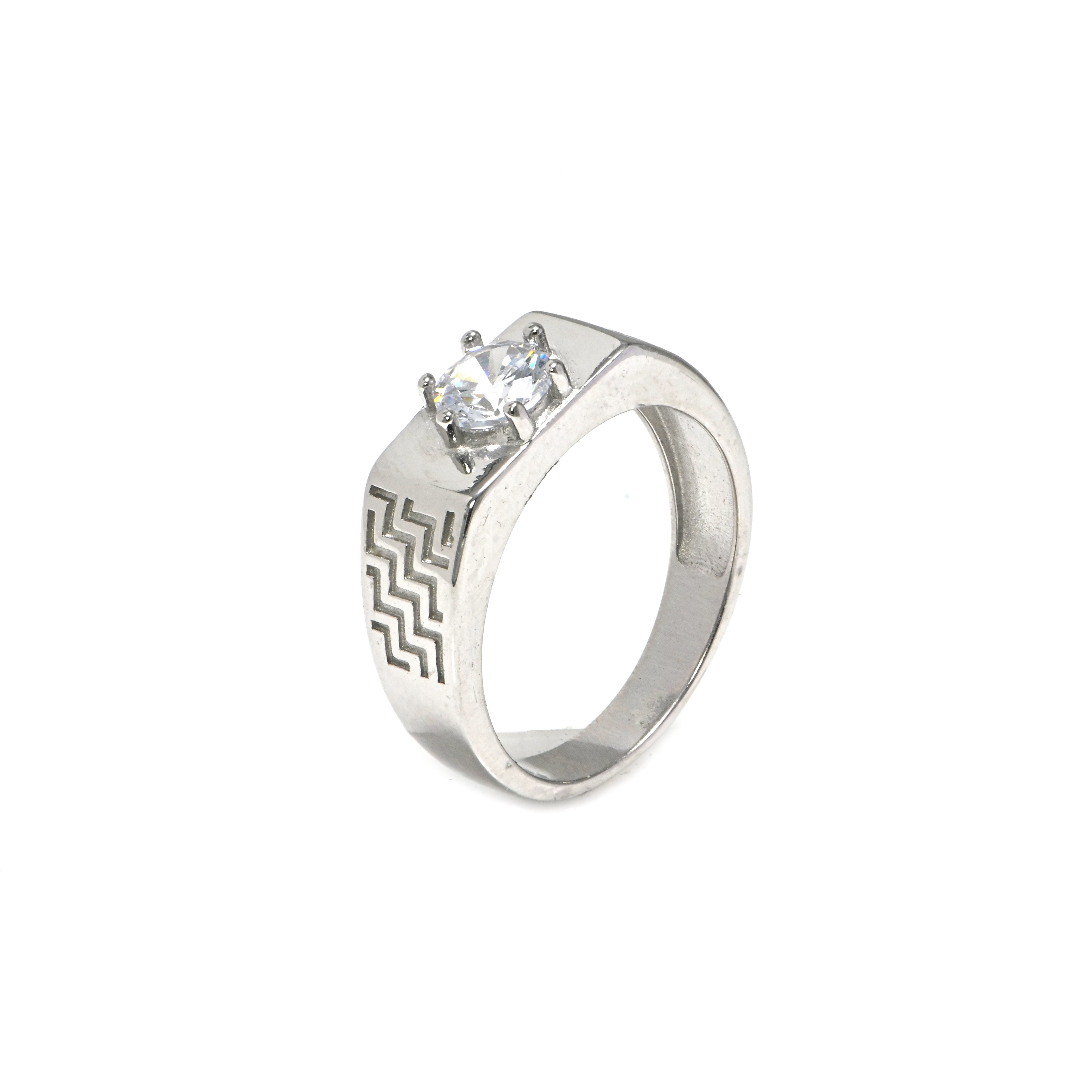 Men’s Fashion Ring with CZ Stone | Modern Chunky Rhodium-Plated Silver Band