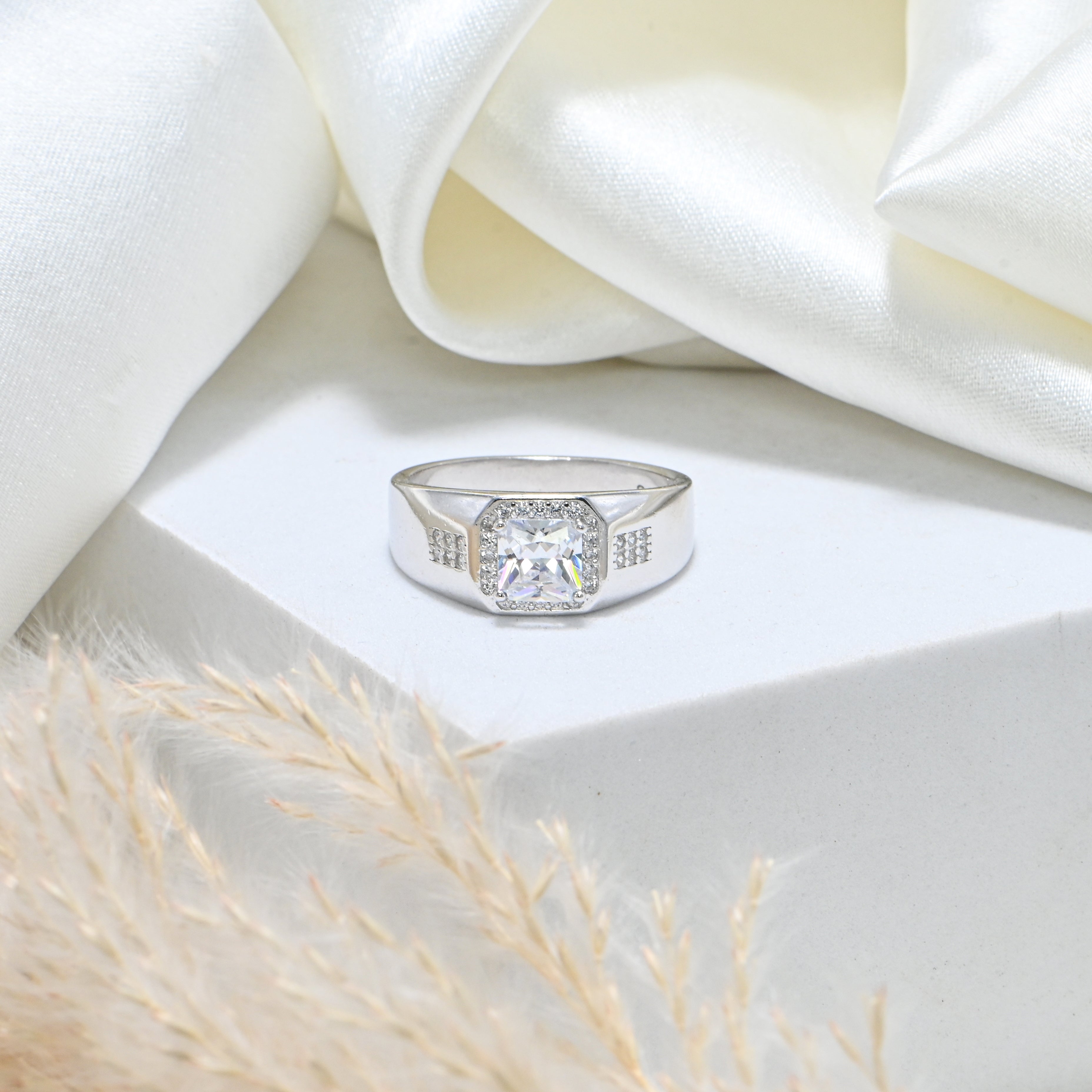 Modern Men’s Silver Ring with CZ Stone | Rhodium-Plated Chunky Band