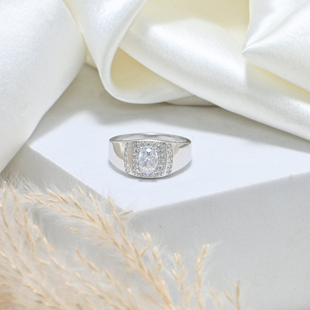 Premium Rhodium-Plated Chunky Silver Ring for Men | Elegant CZ Stone Jewelry