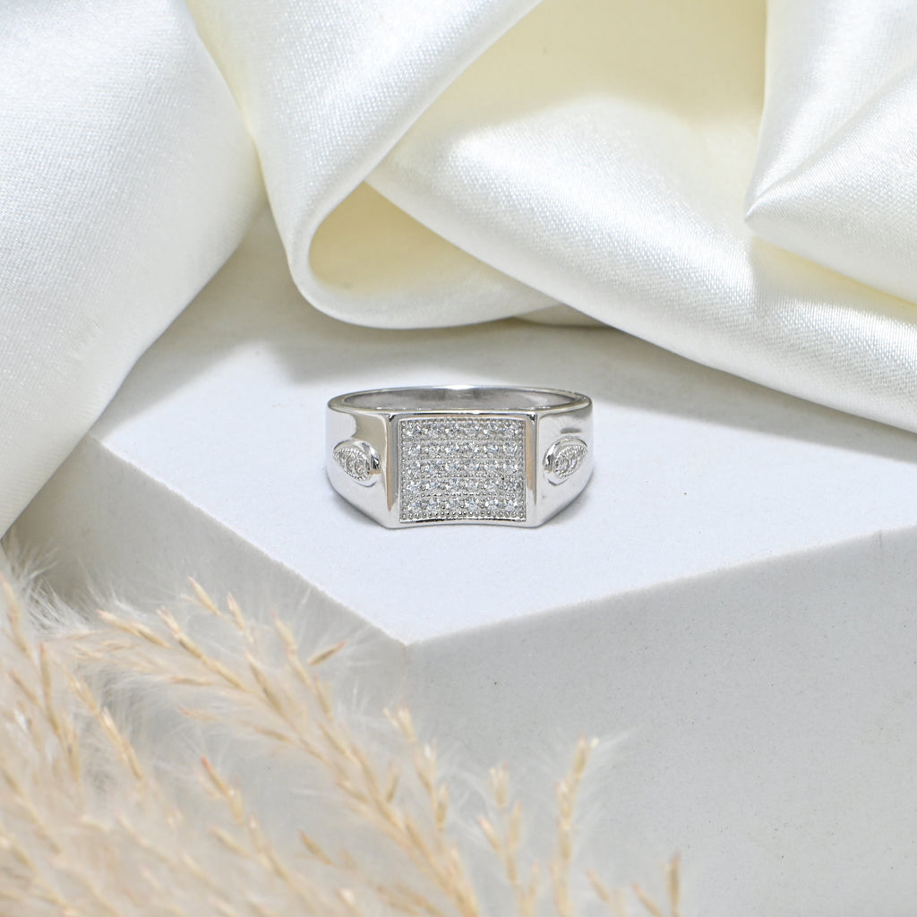 Modern Rhodium-Plated Silver Ring for Men with CZ Stone Chunky Silver Ring for Men