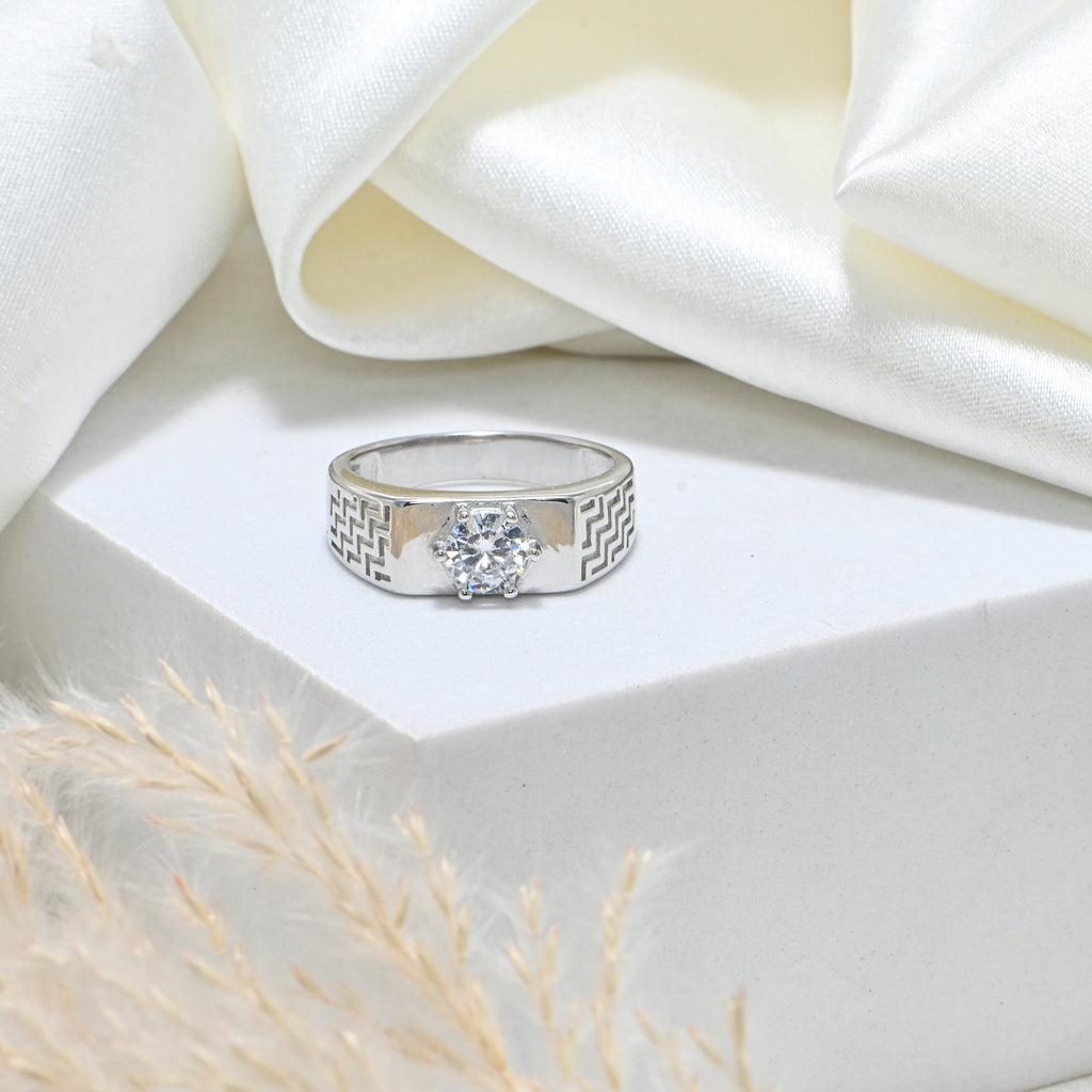 Men’s Fashion Ring with CZ Stone | Modern Chunky Rhodium-Plated Silver Band