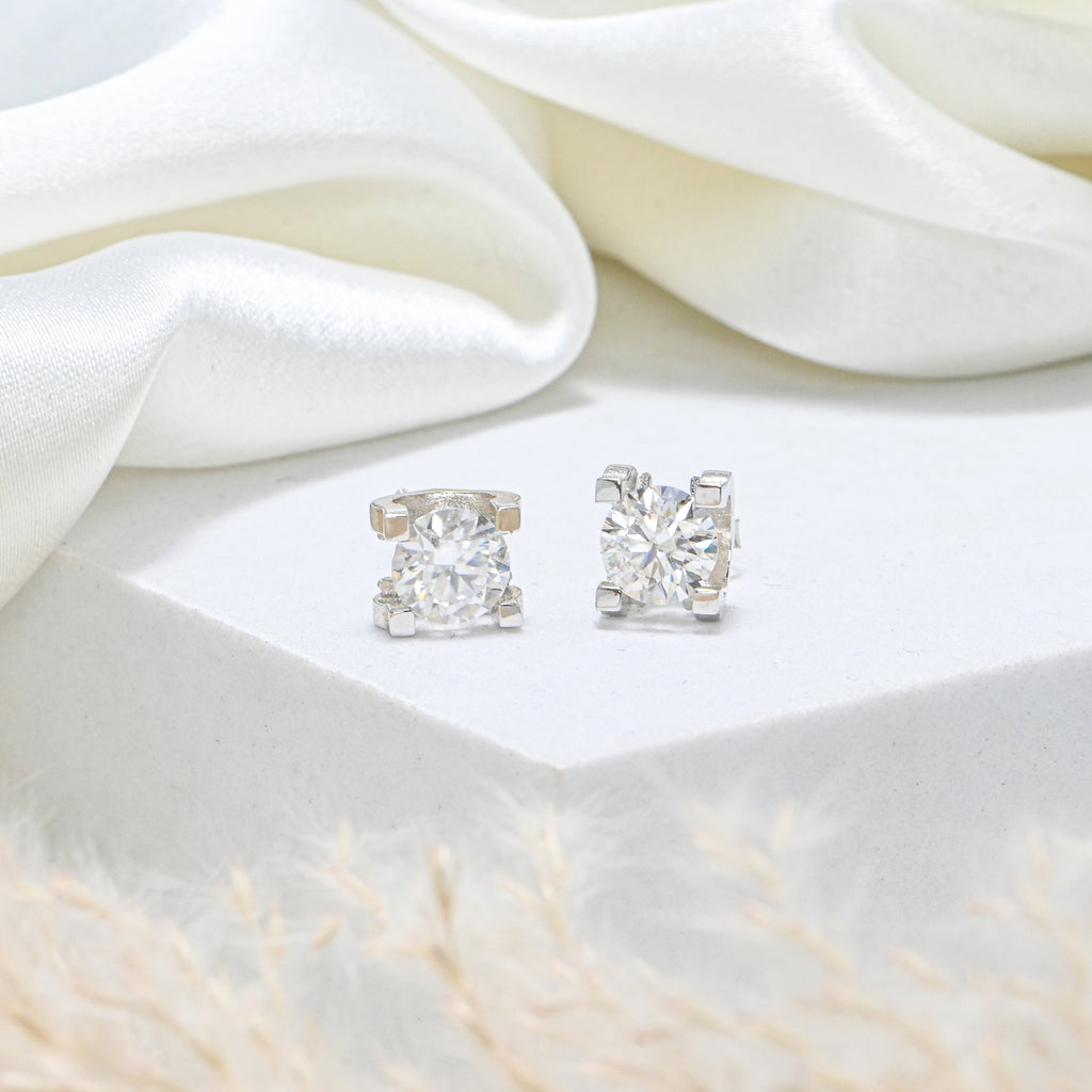 Minimalist Small Moissanite Stud Earrings – Rhodium-Plated Sterling Silver