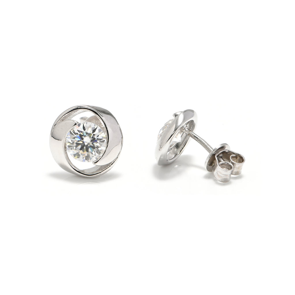 Round Moissanite Stud Earring for Women – Sterling Silver Rhodium-Plated Everyday Wear
