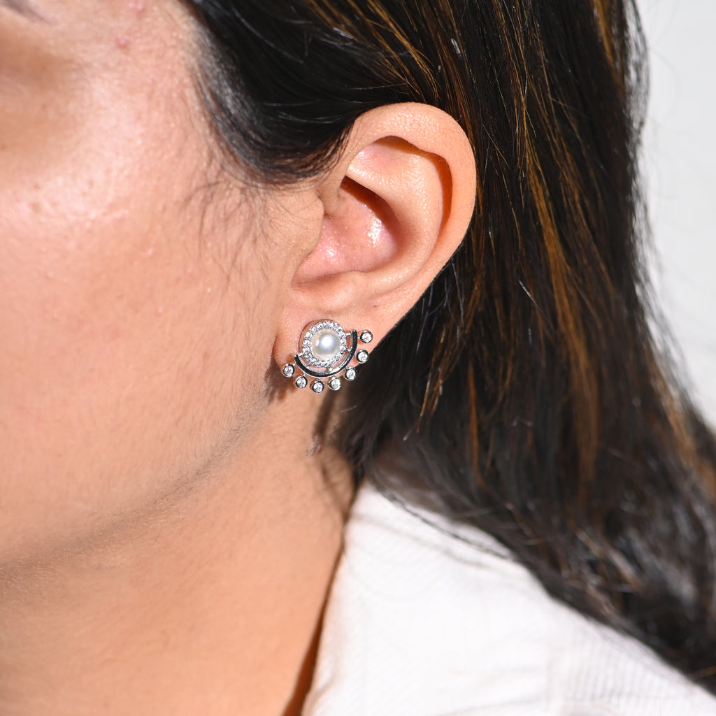 925 Sterling Silver Round Brilliant Cubic Zirconia & Pearl Earrings with Rhodium Finish