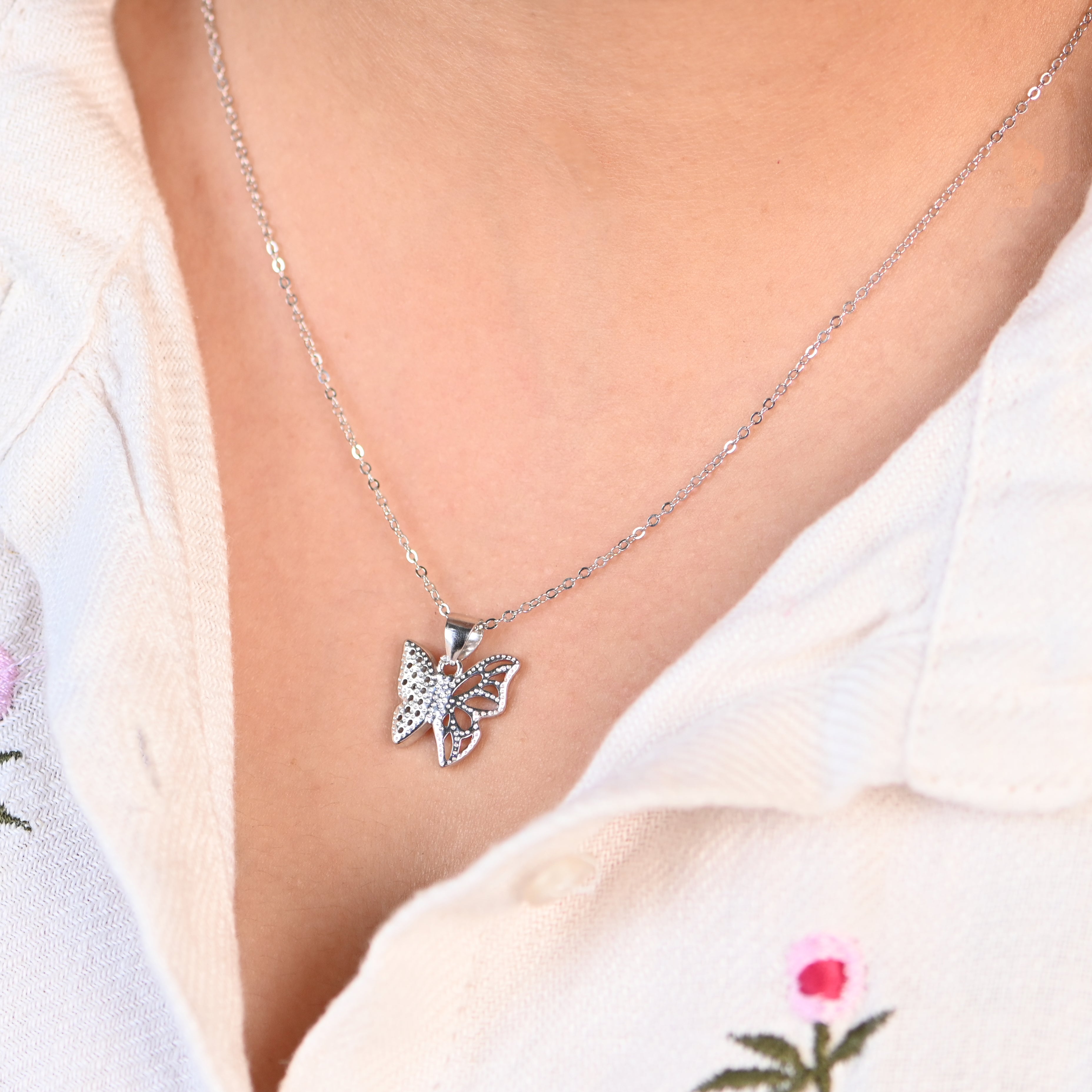 Butterfly 925 Silver CZ Pendant – Trendy Rhodium-Plated Sterling Silver Jewellery for Women