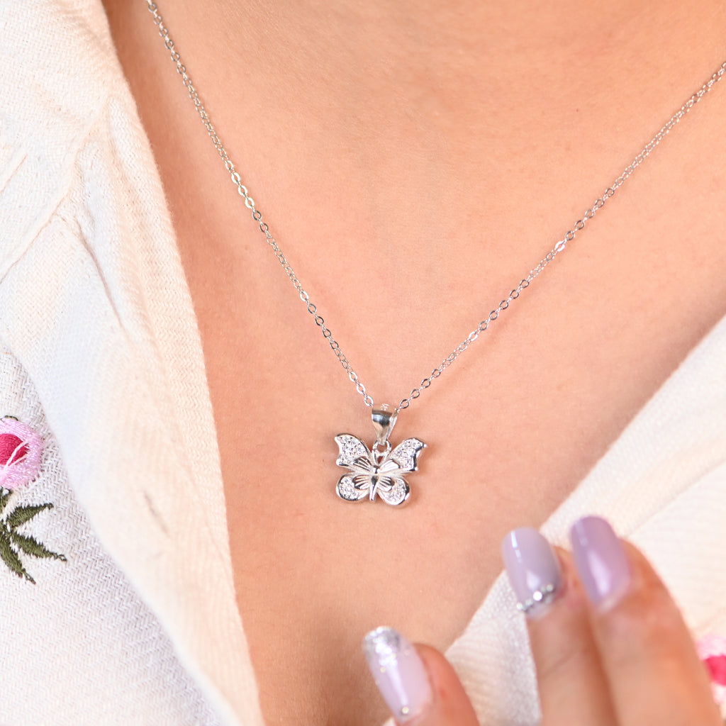 Butterfly 925 Sterling Silver Pendant for Women with Sparkling CZ – Rhodium-Plated Fine Jewellery