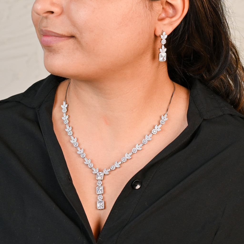 925 Sterling Silver Cubic Zirconia Necklace & Earrings Set for Women Minimalist Jewellery