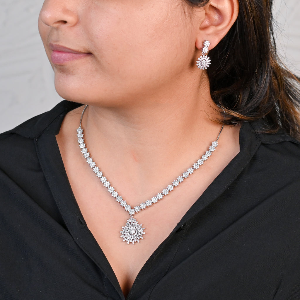 Minimalist Set 925 Sterling Silver Cubic Zirconia Necklace & Earrings Set for Women