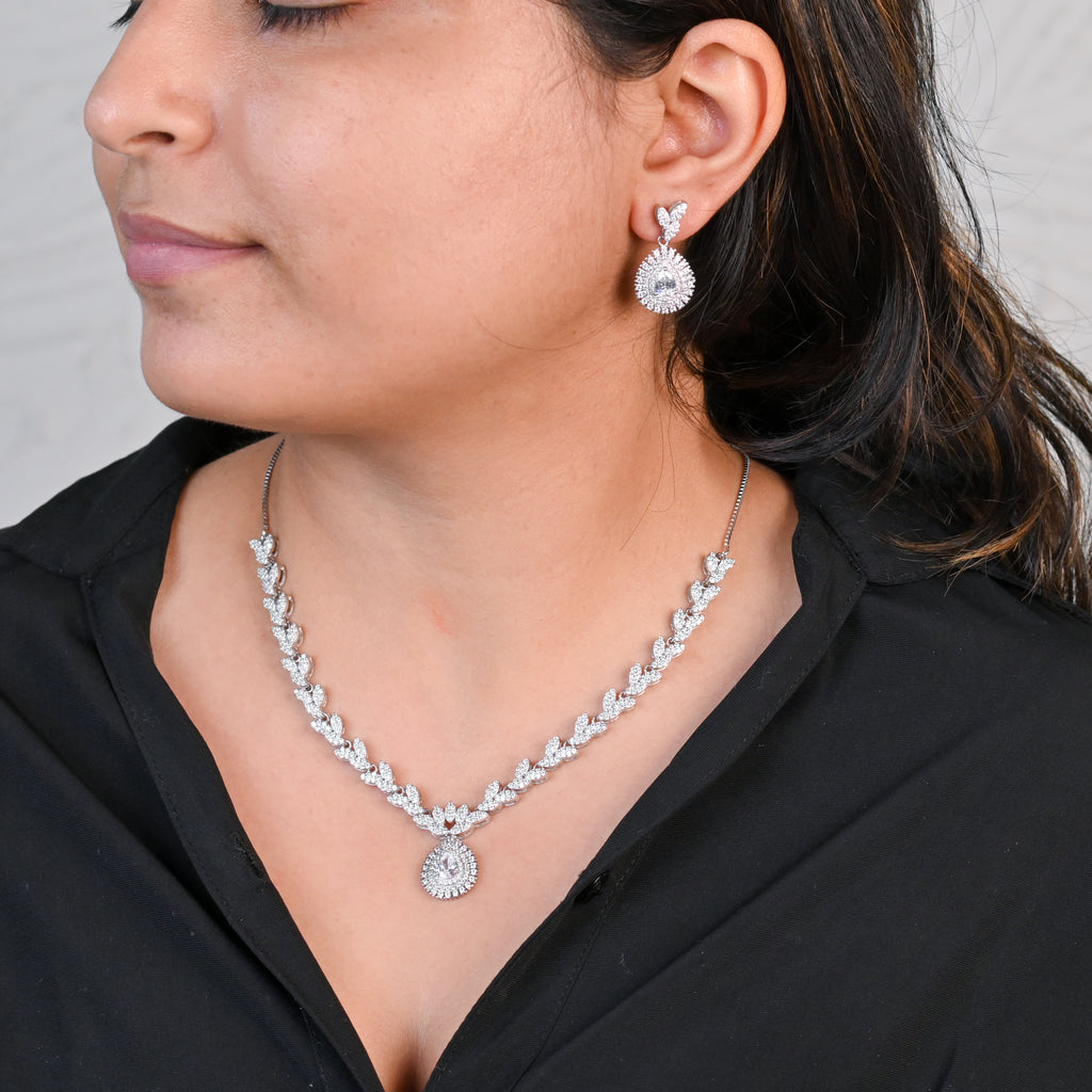 925 Sterling Silver Cubic Zirconia Necklace & Earrings Set for Women Wedding Jewellery