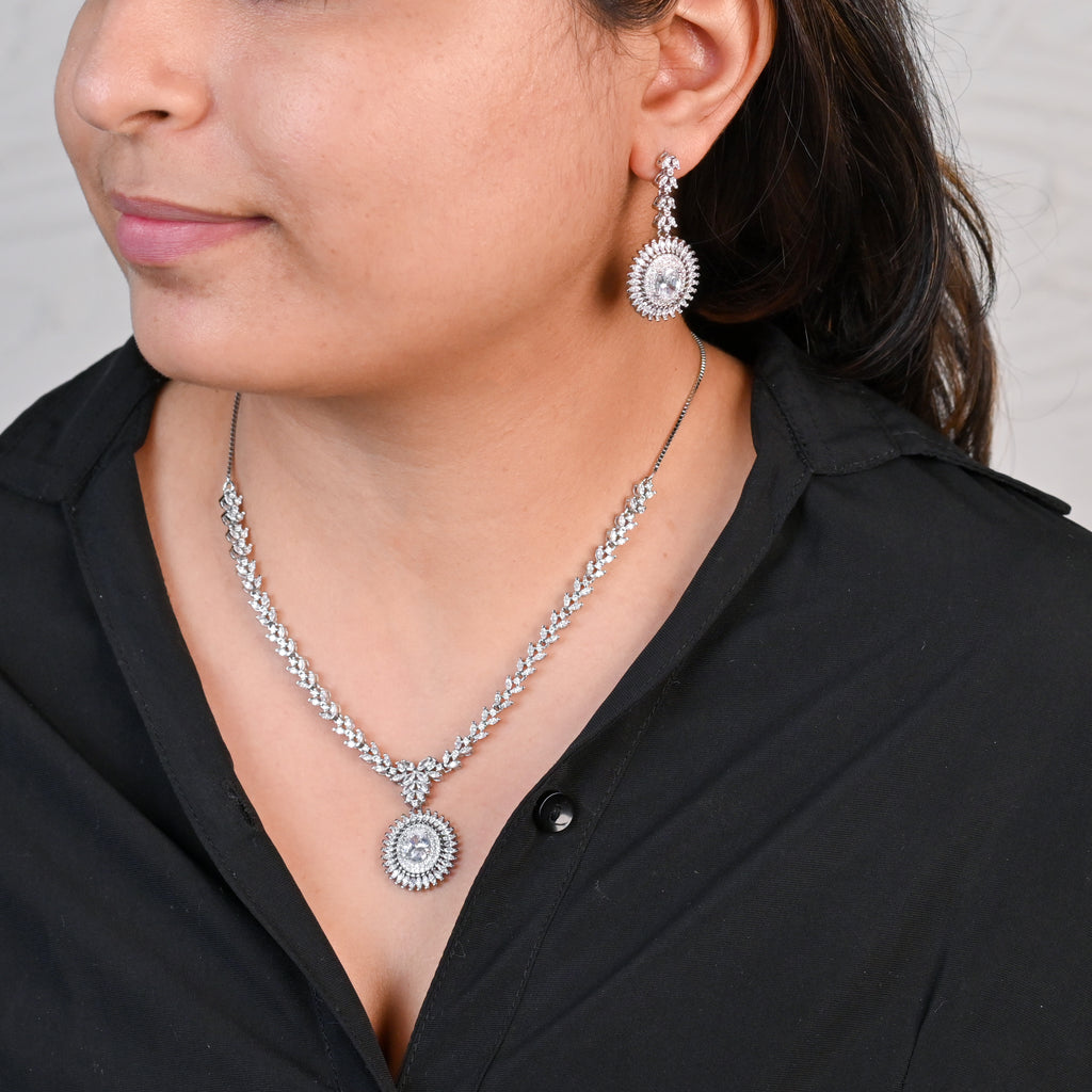 Statement 925 Sterling Silver Cubic Zirconia Necklace & Earrings Set Party Wear