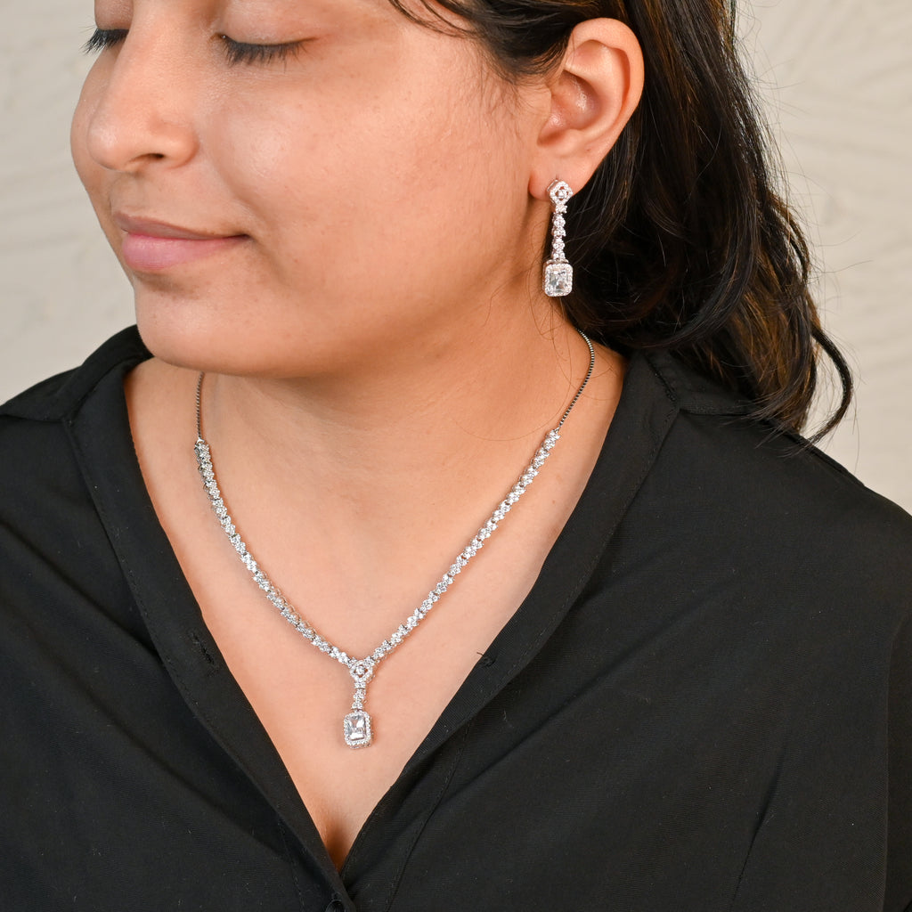 925 Sterling Silver Cubic Zirconia Necklace & Earrings Set for Women Gift for Birthday