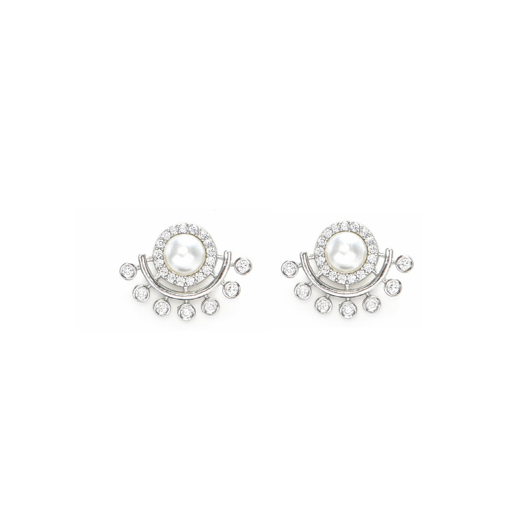 925 Sterling Silver Round Brilliant Cubic Zirconia & Pearl Earrings with Rhodium Finish