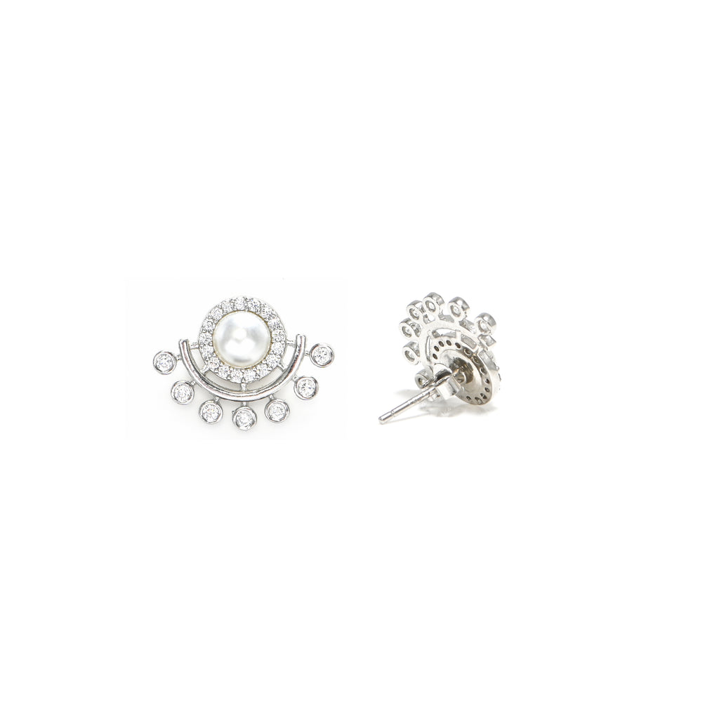 925 Sterling Silver Round Brilliant Cubic Zirconia & Pearl Earrings with Rhodium Finish